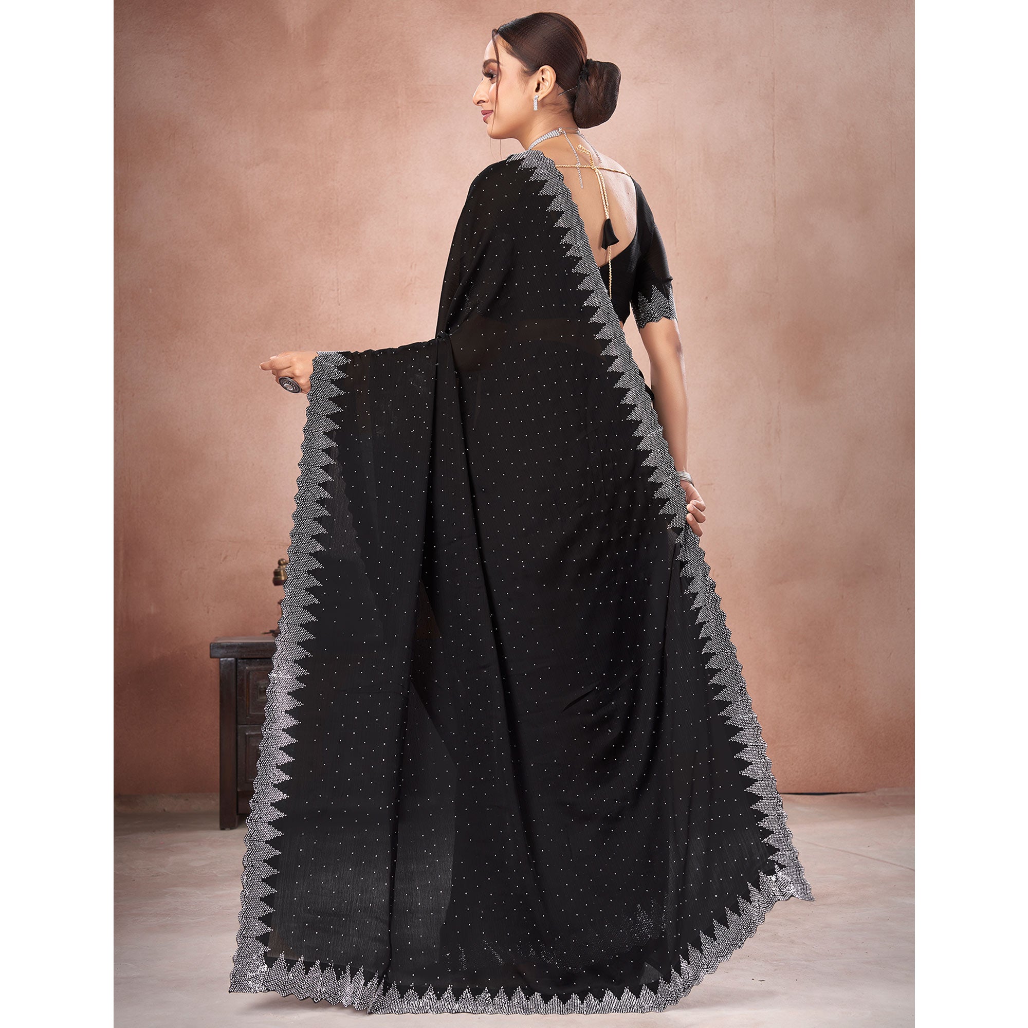 Black Swarovski Work Satin Saree