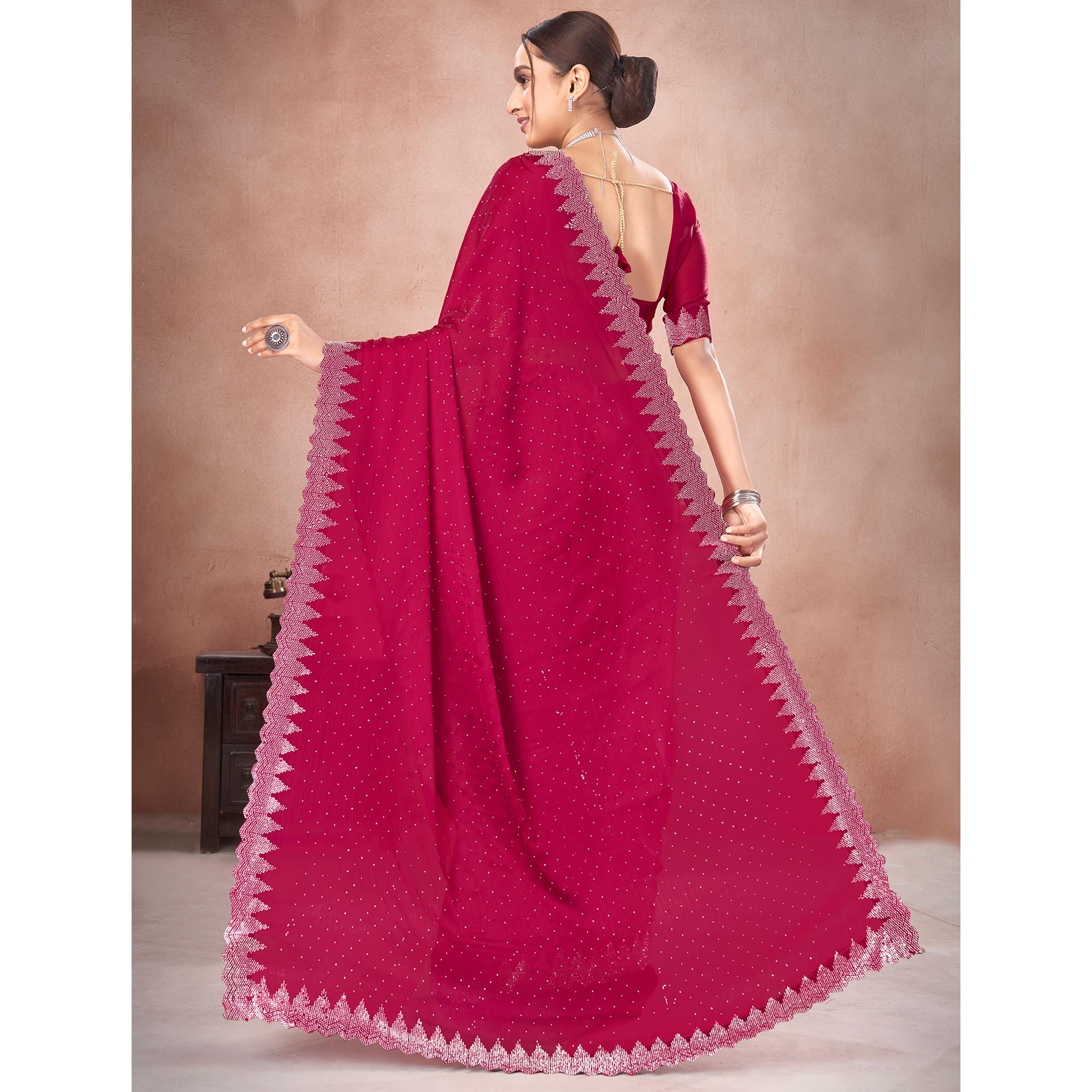 Pink Swarovski Work Satin Saree