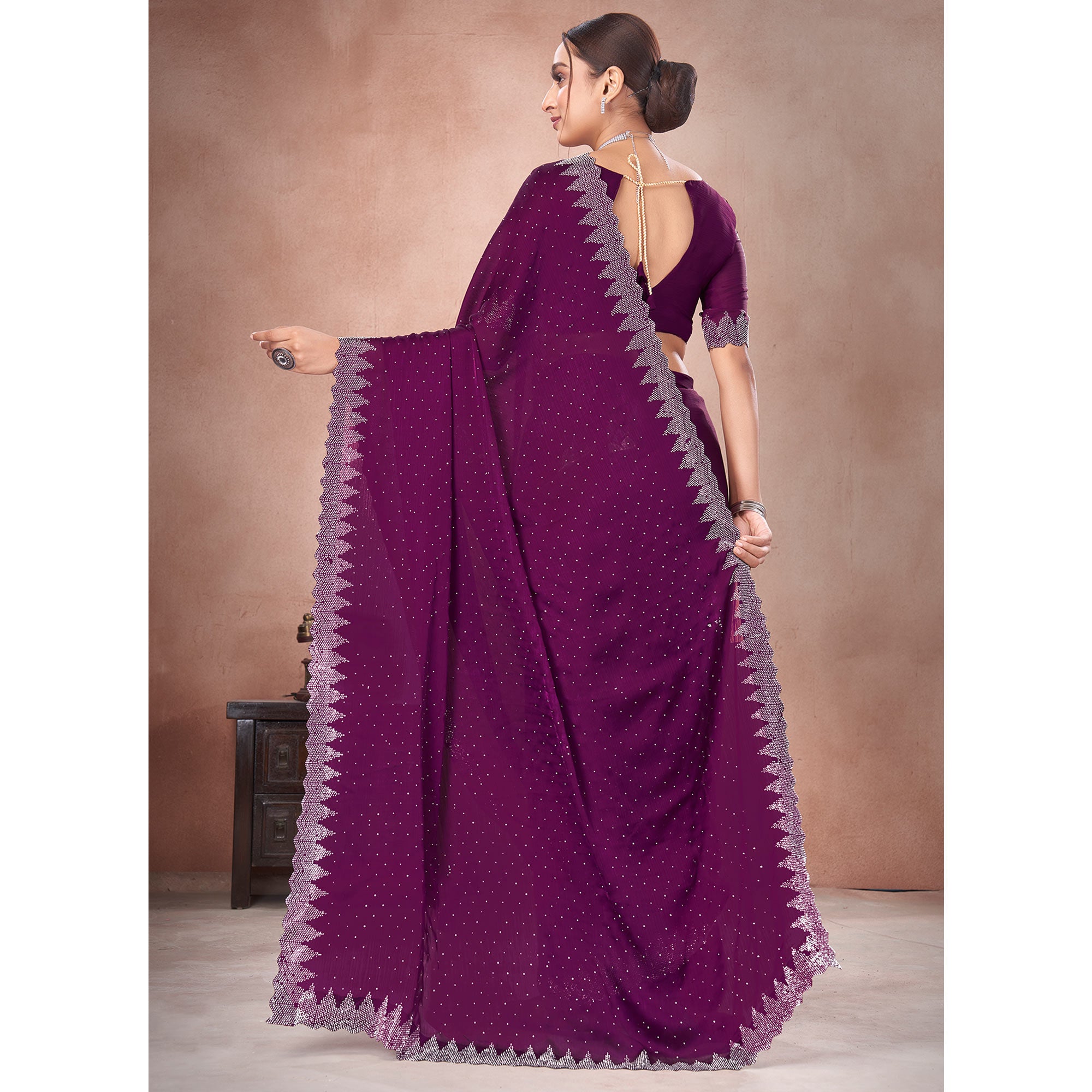Wine Swarovski Work Satin Saree