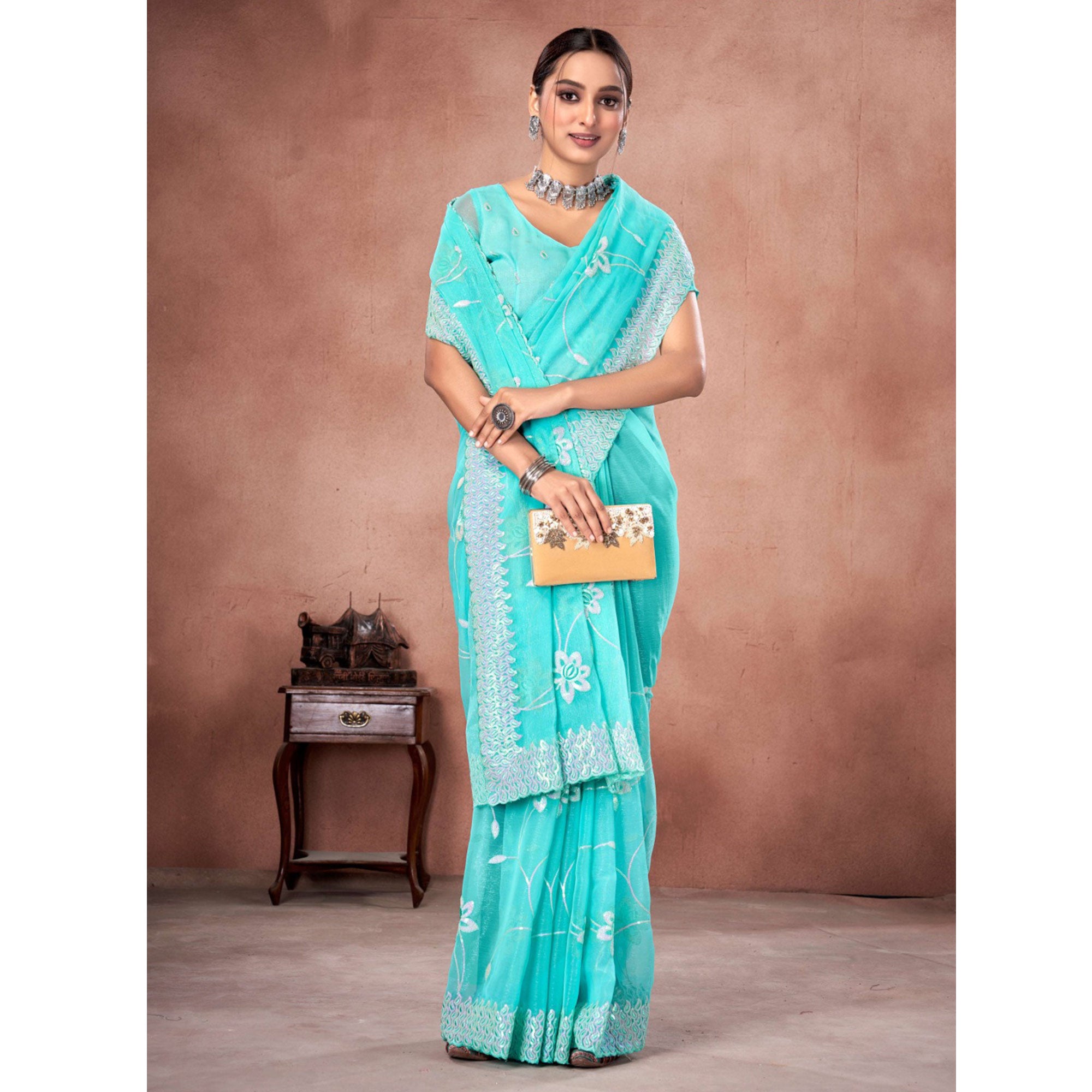Blue Floral Sequins Embroidered Chiffon Saree