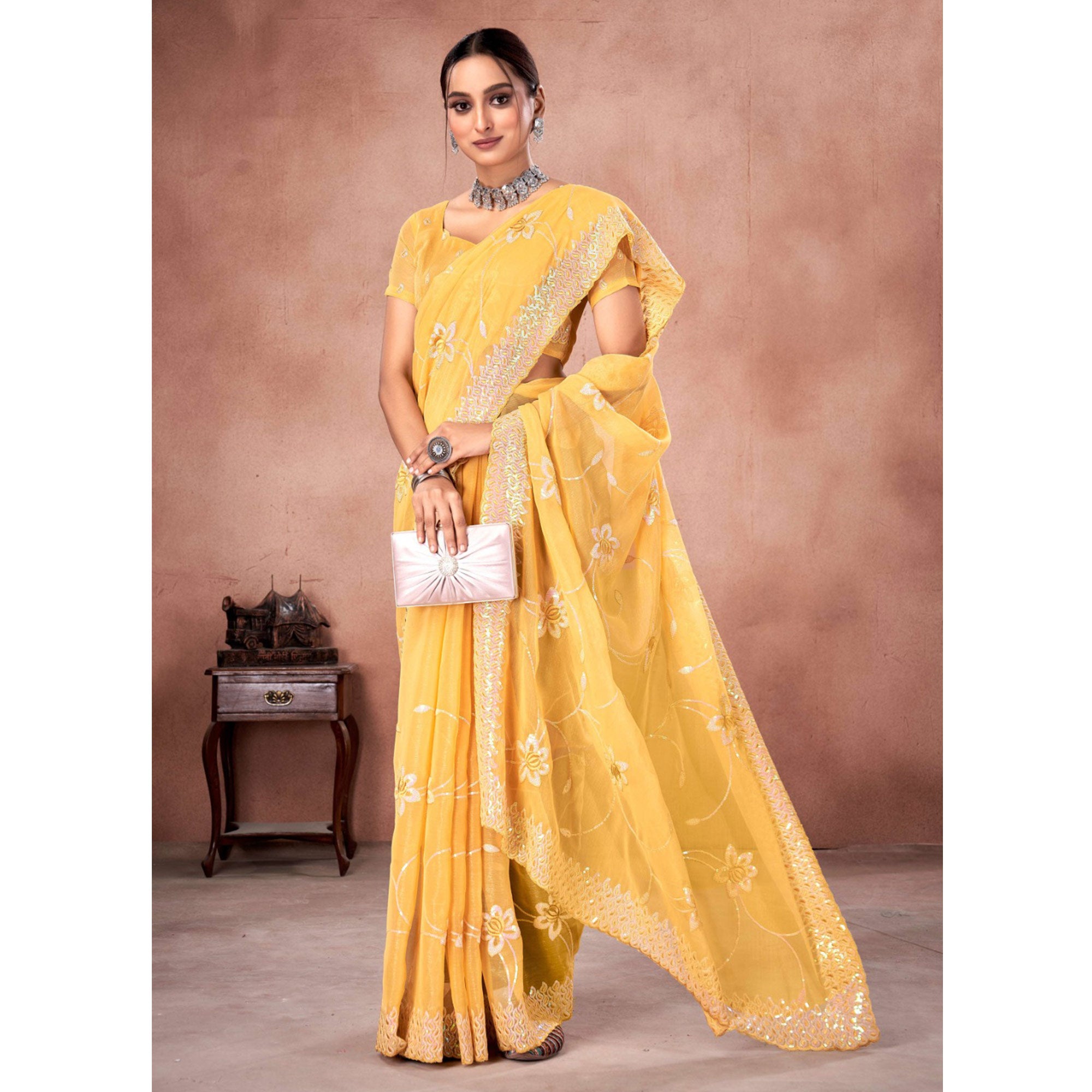 Yellow Floral Sequins Embroidered Chiffon Saree