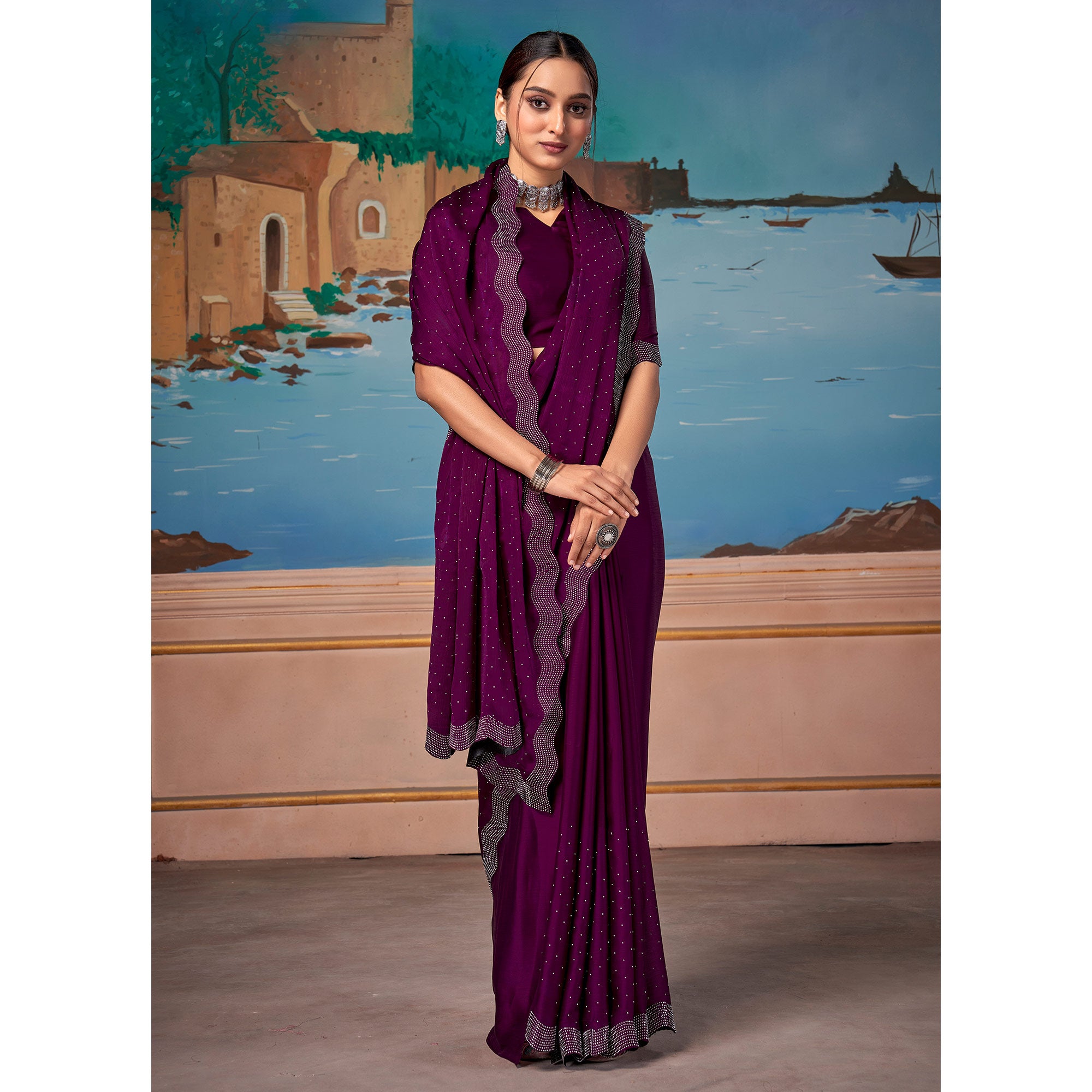 Wine Swarovski Work Satin Saree