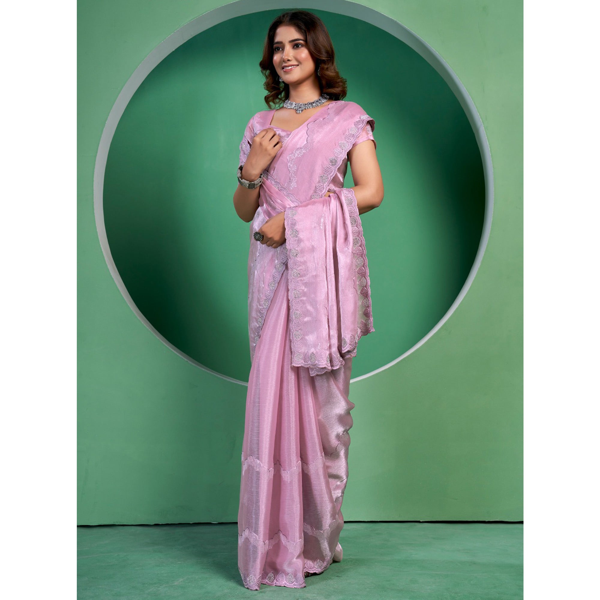 Pink Sequins Embroidered Chiffon Saree With Diamond Border