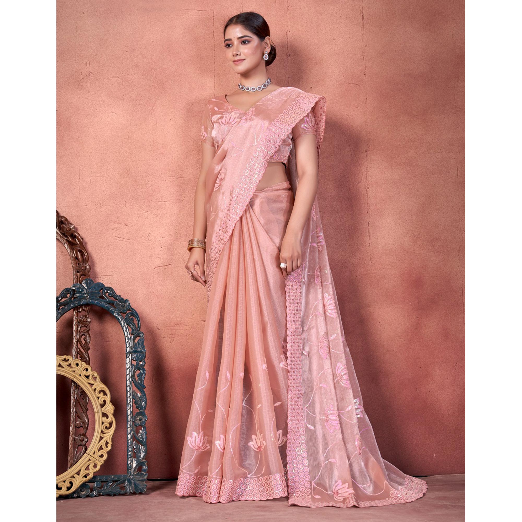 Peach Floral Sequins Embroidered chiffon Saree
