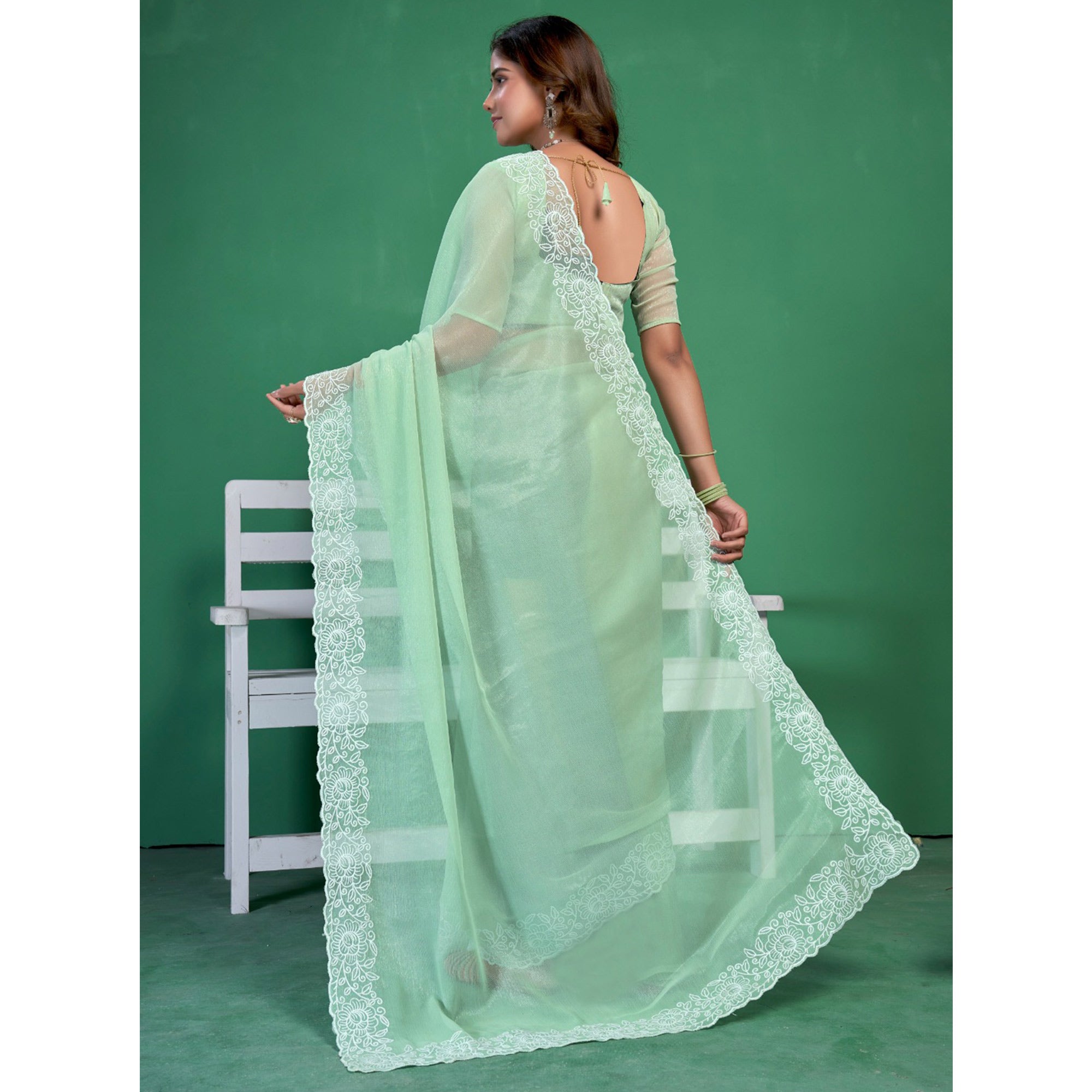 Green Chiffon Saree With Embroidered Border