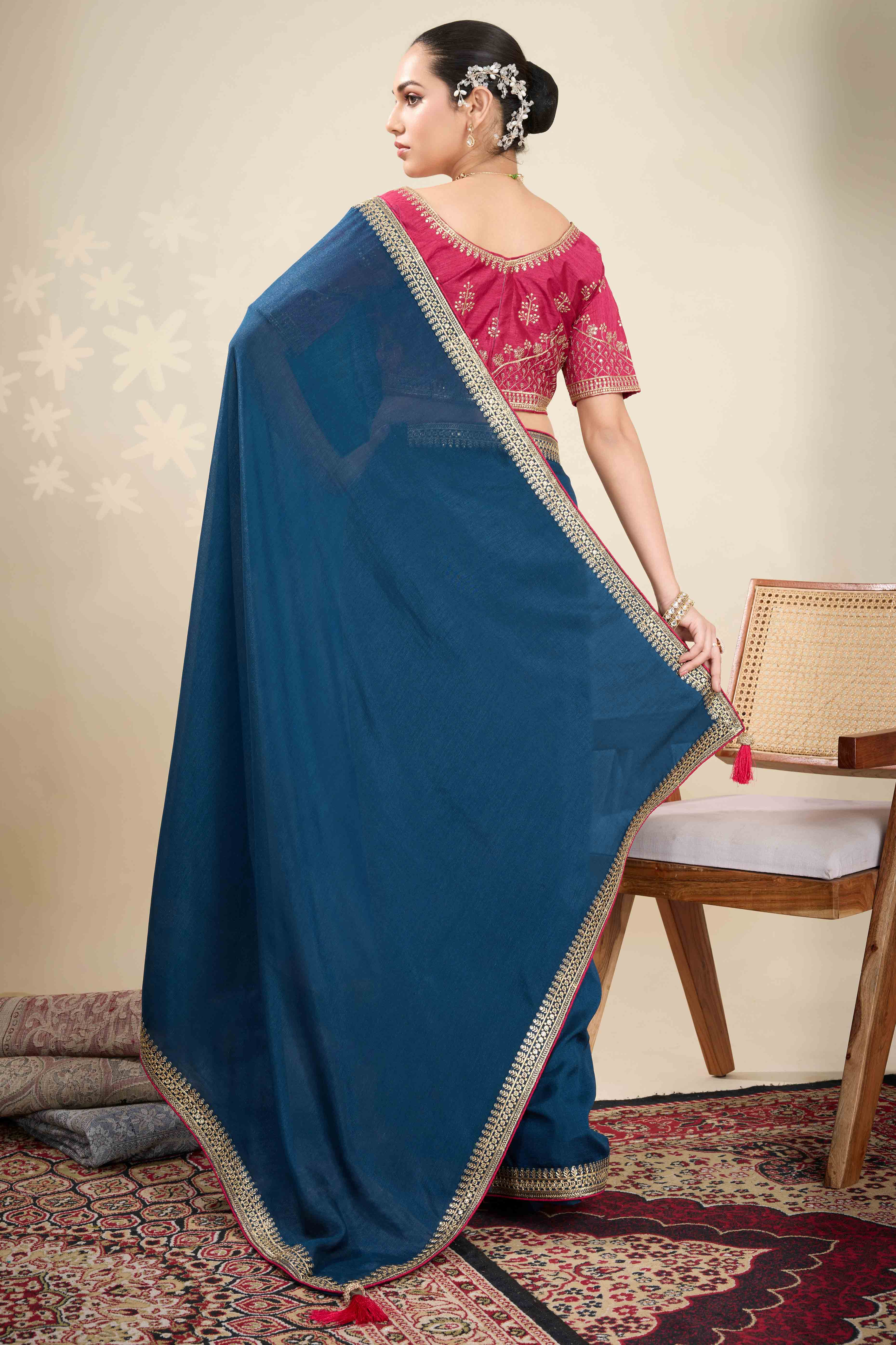 Graceful Vichitra Silk Saree in Navy Blue with Embroidered Bordering