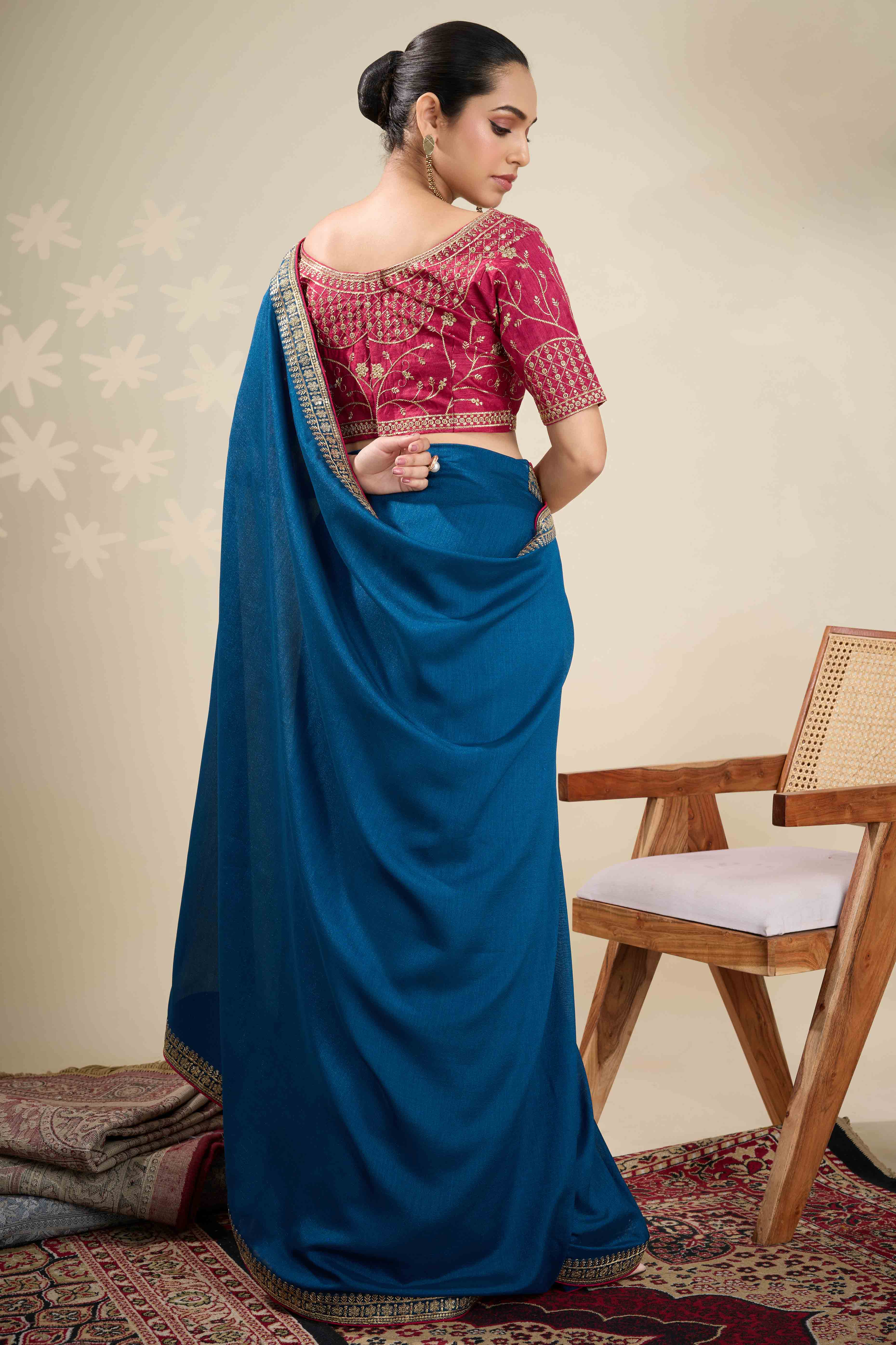 Graceful Vichitra Silk Saree in Blue with Embroidered Bordering