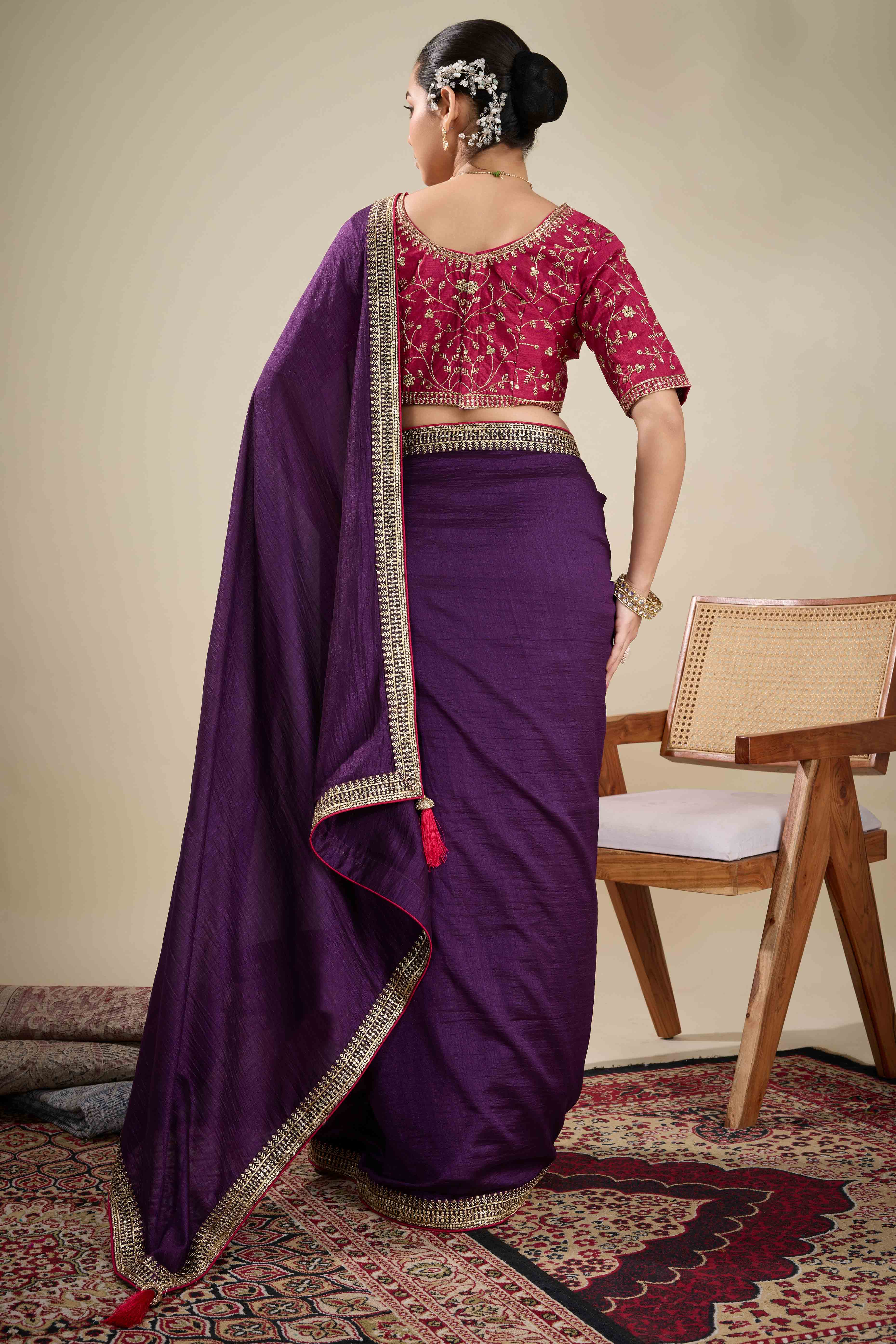 Graceful Vichitra Silk Saree in Purple with Embroidered Bordering