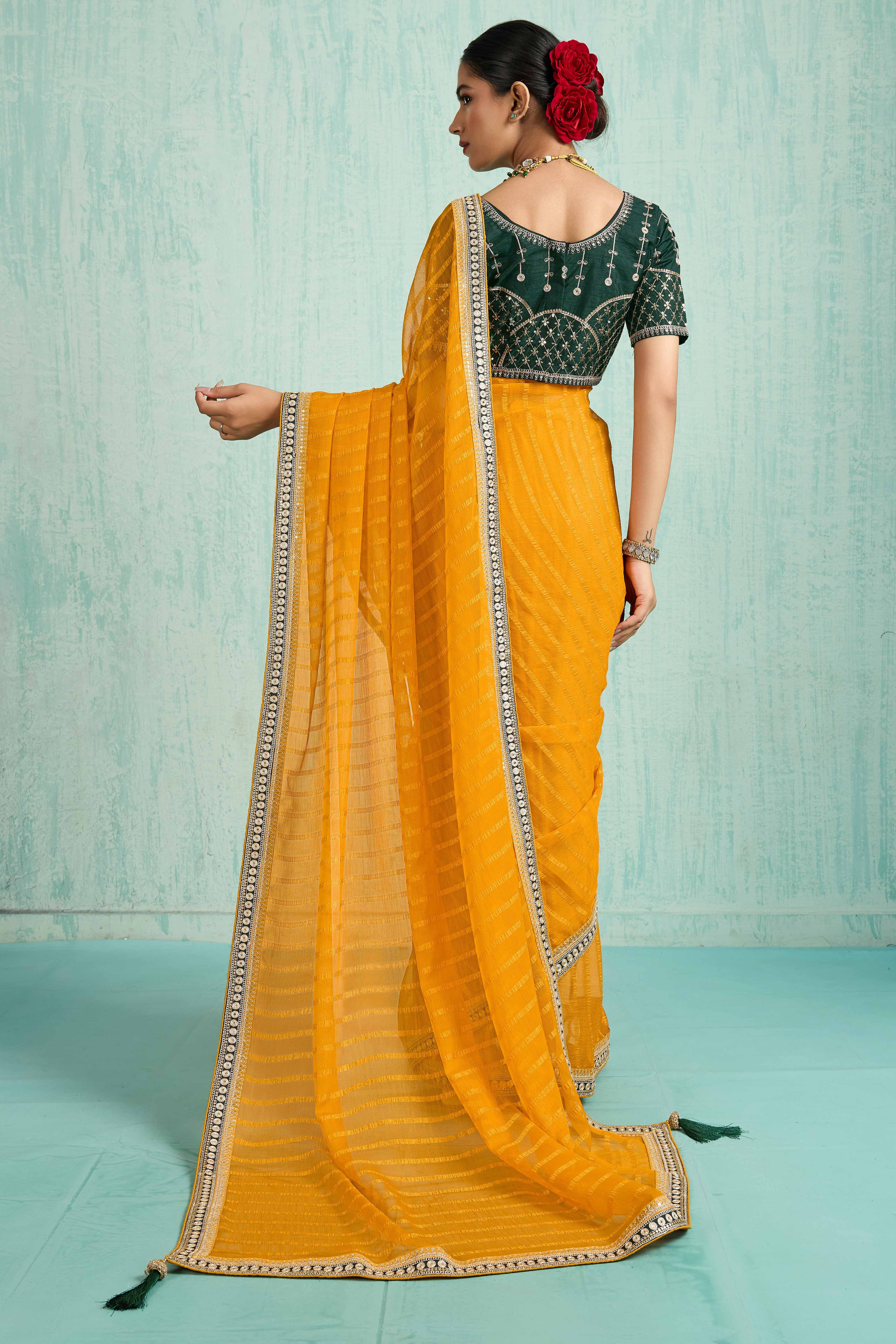 Mustard Chiffon Saree With Elegant Stripes & Sequins Embroidered Border