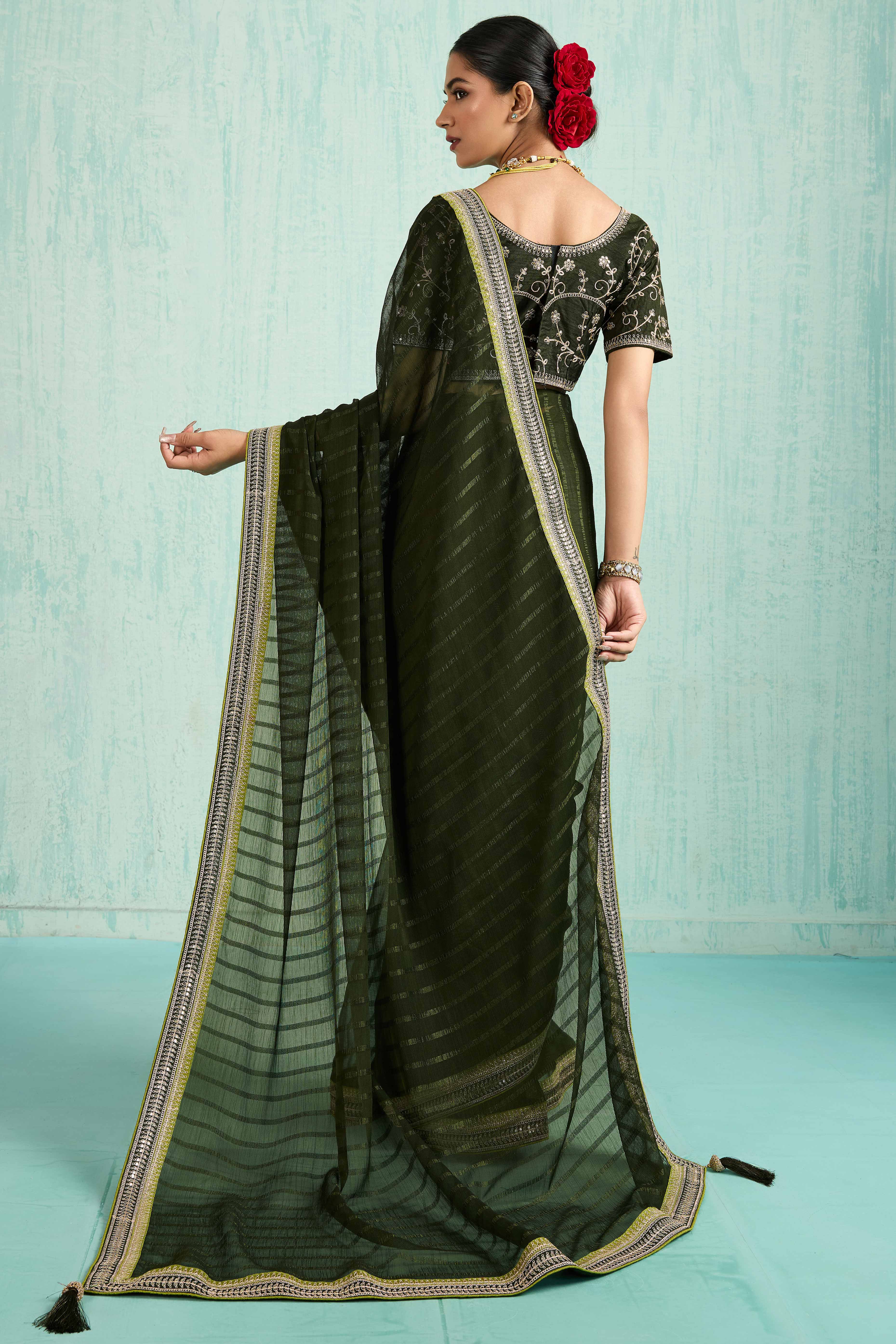 Mehandi Green Chiffon Saree With Elegant Stripes & Sequins Embroidered Border