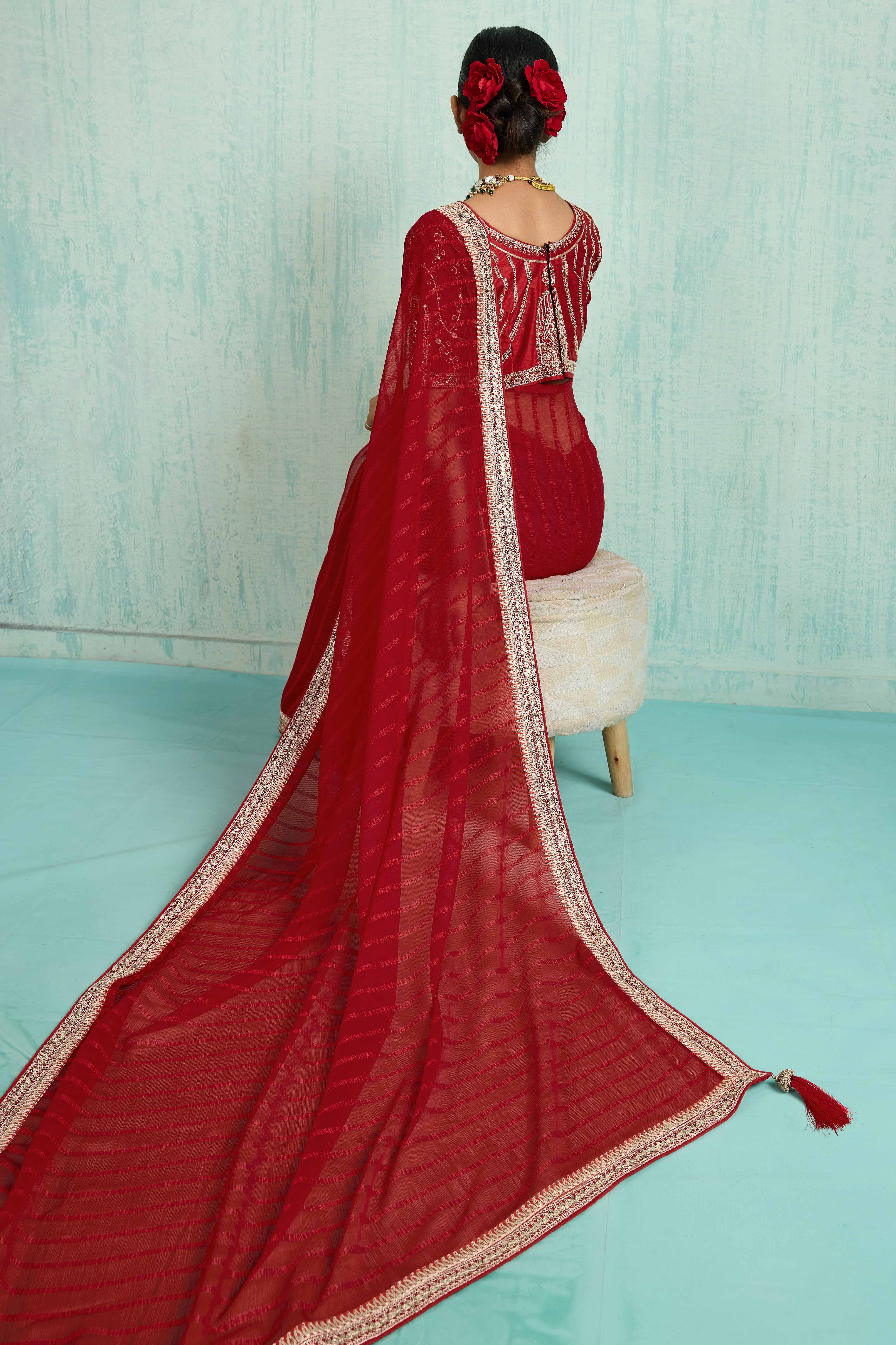 Red Chiffon Saree With Elegant Stripes & Sequins Embroidered Border