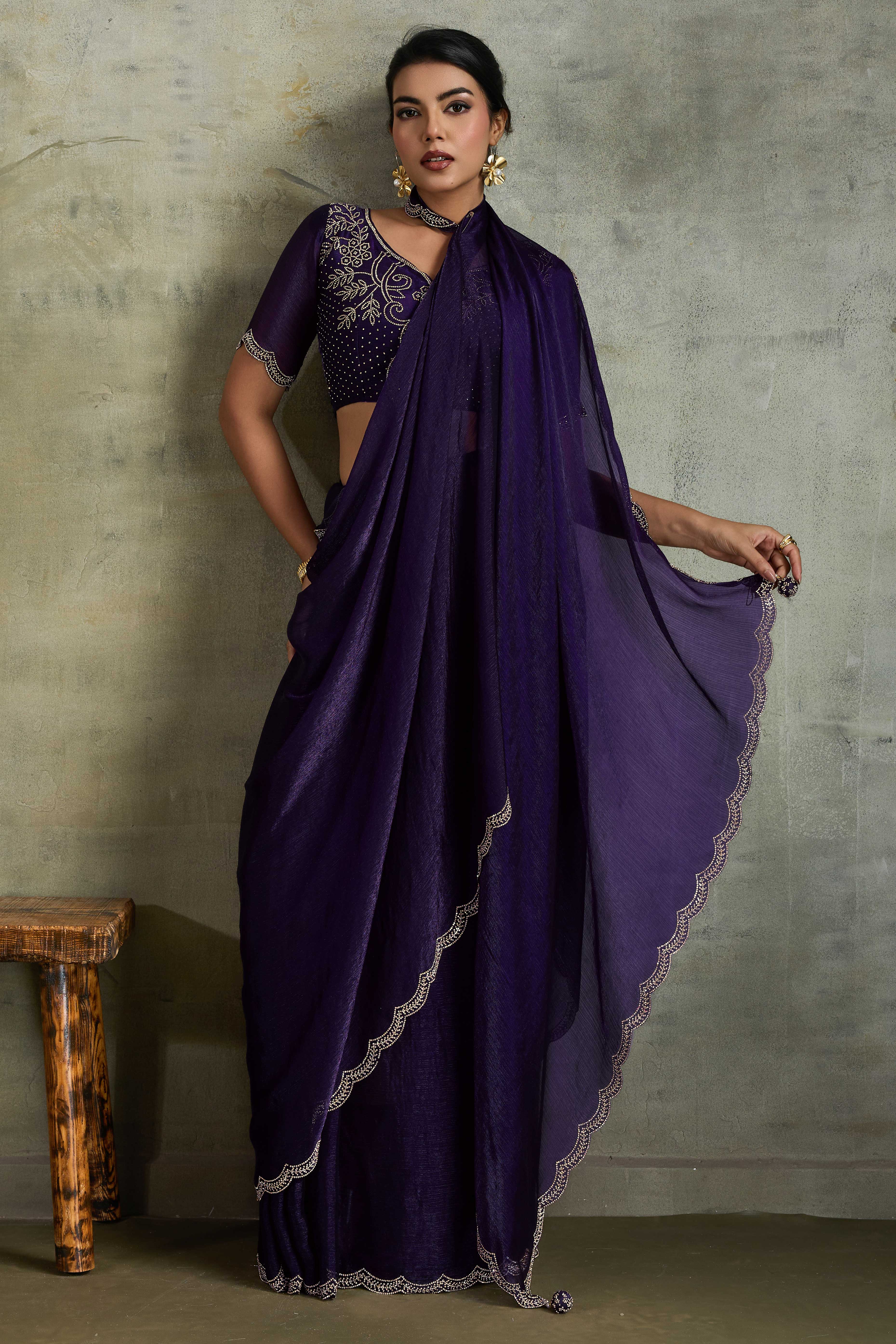 Violet Solid Chiffon Saree With Sparkling Zarkan Border & Latkan Pallu