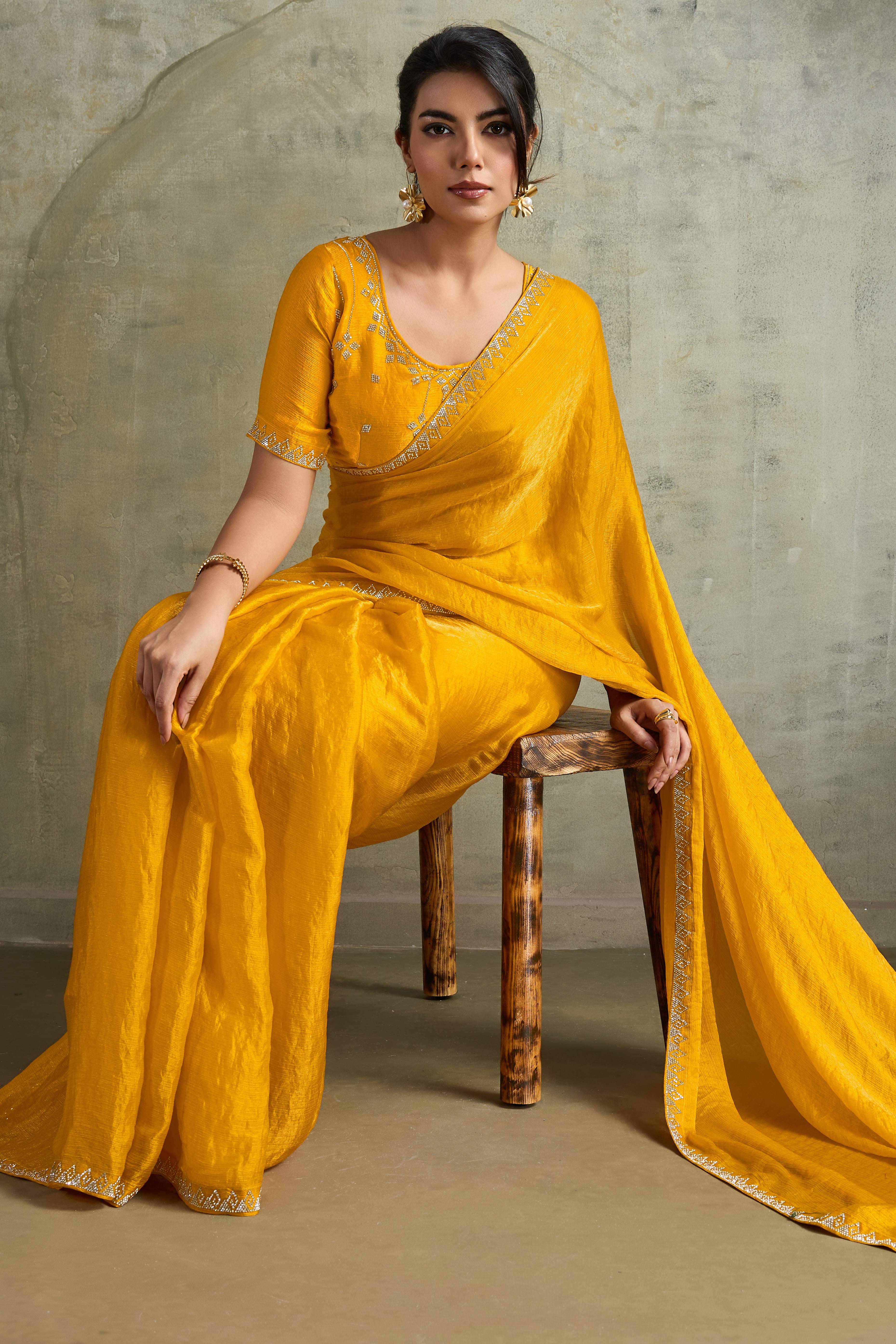 Mustard Solid Chiffon Saree With Sparkling Zarkan Border & Latkan Pallu