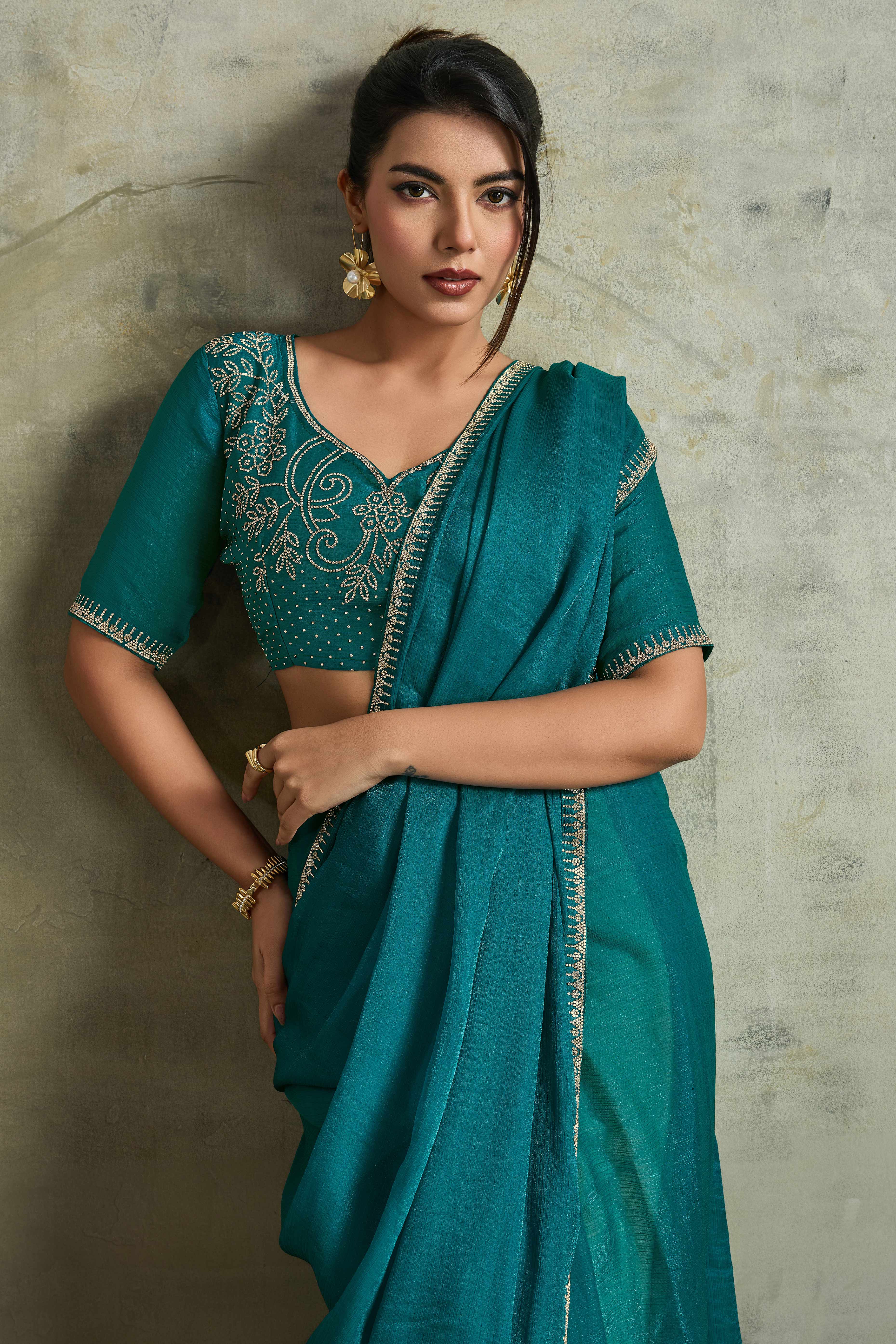 Teal Solid Chiffon Saree With Sparkling Zarkan Border & Latkan Pallu