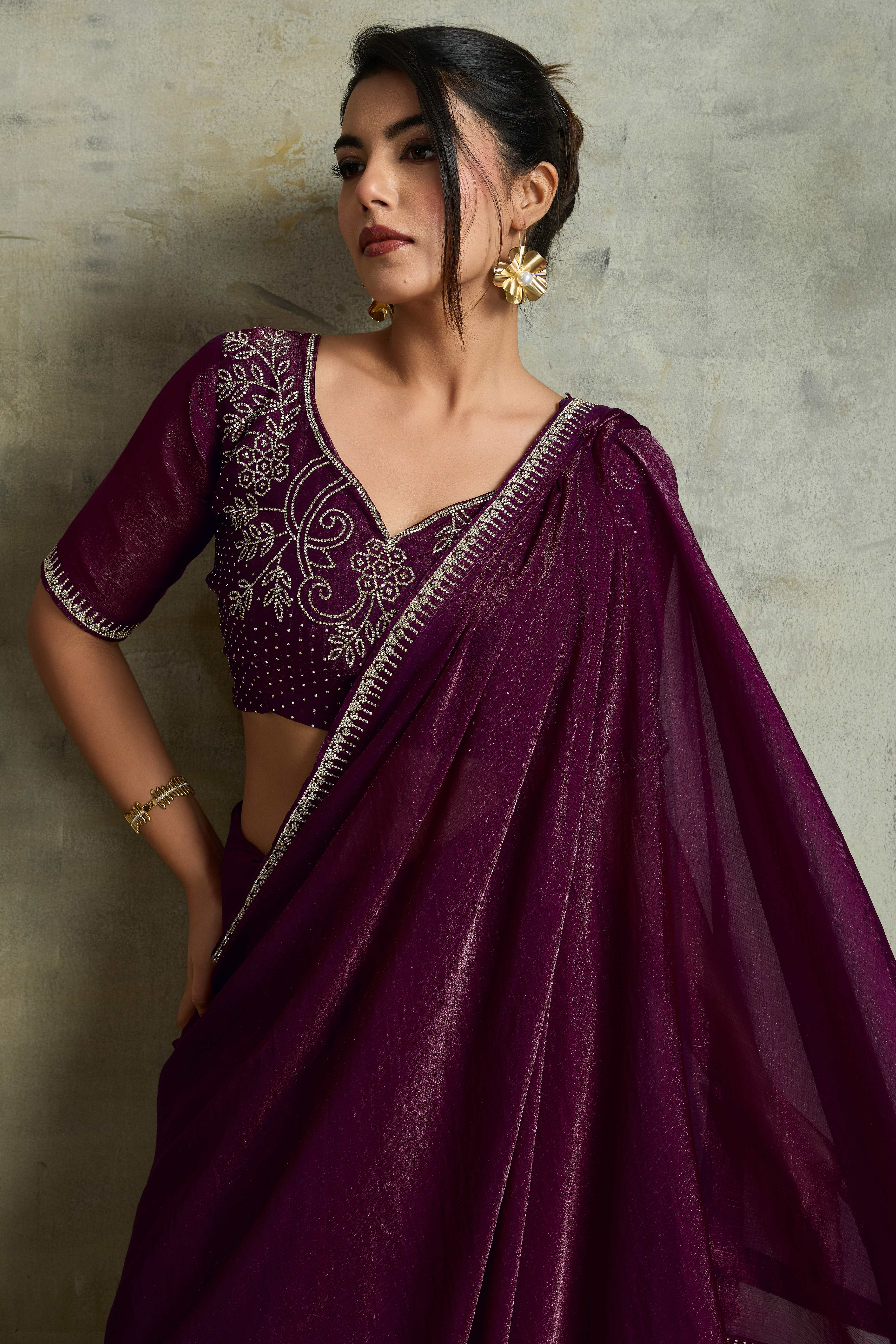 Wine Solid Chiffon Saree With Sparkling Zarkan Border & Latkan Pallu