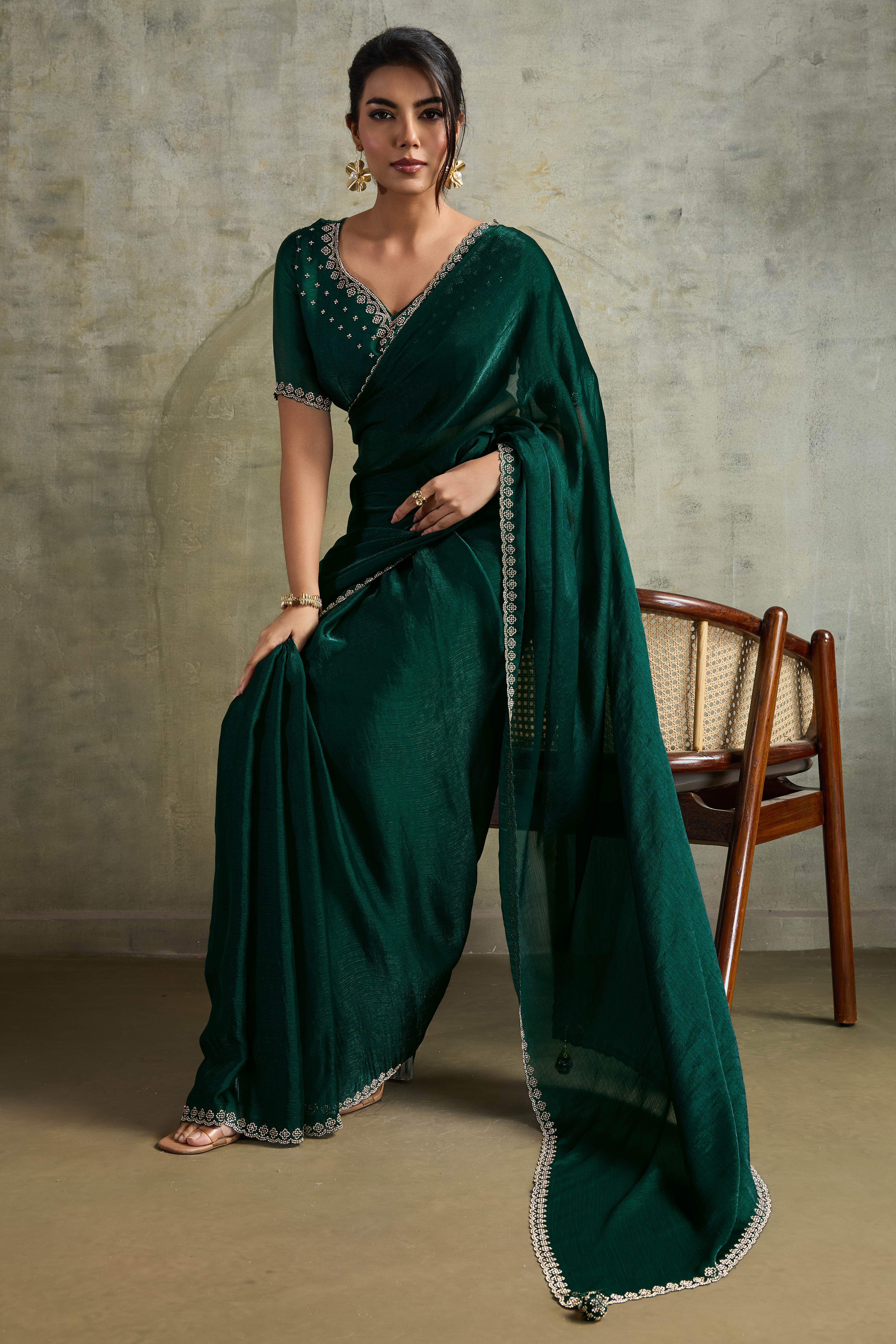 Green Solid Chiffon Saree With Sparkling Zarkan Border & Latkan Pallu