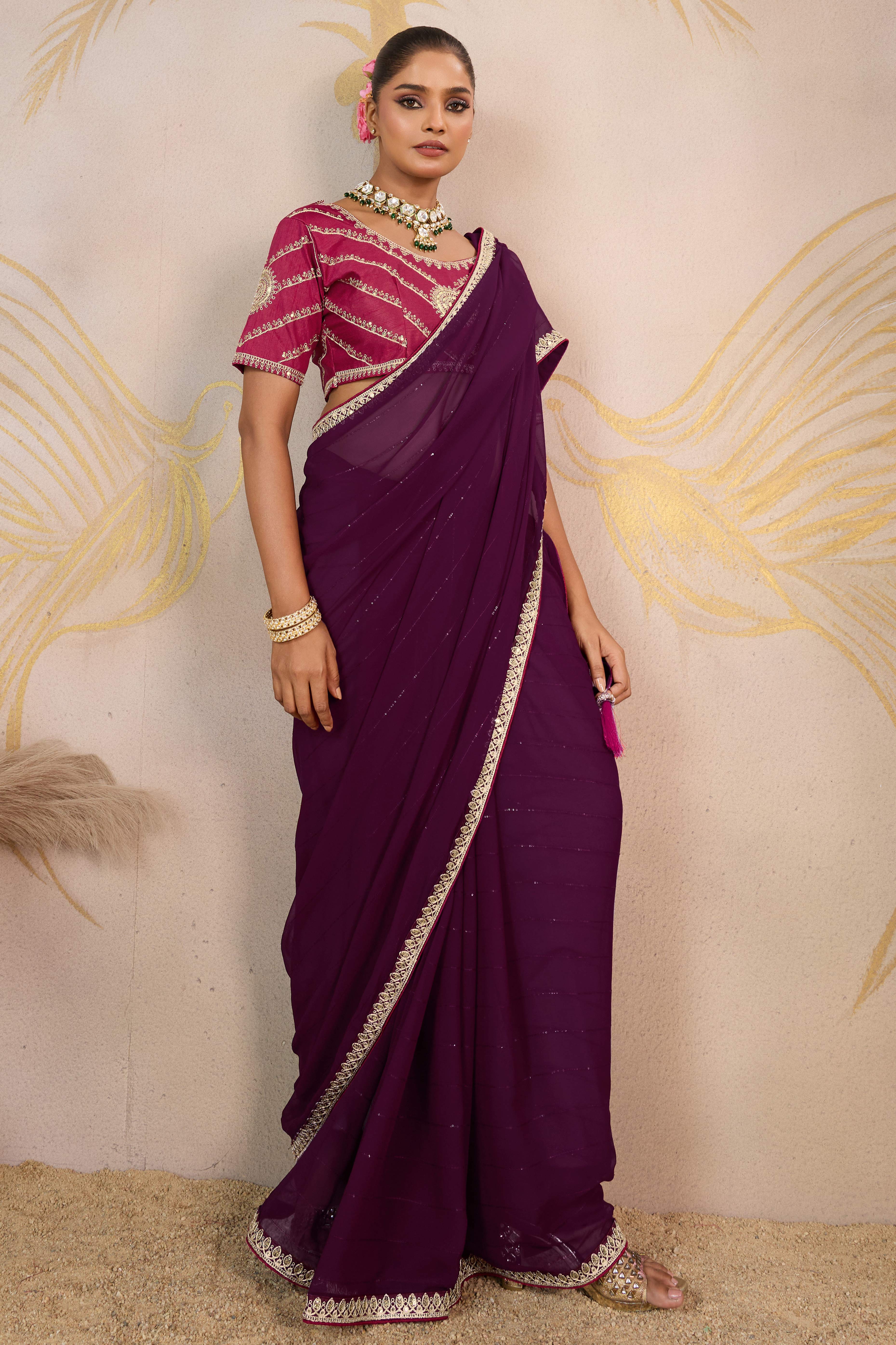 Wine Zari Embroidered Georgette Saree Accented With Sequins