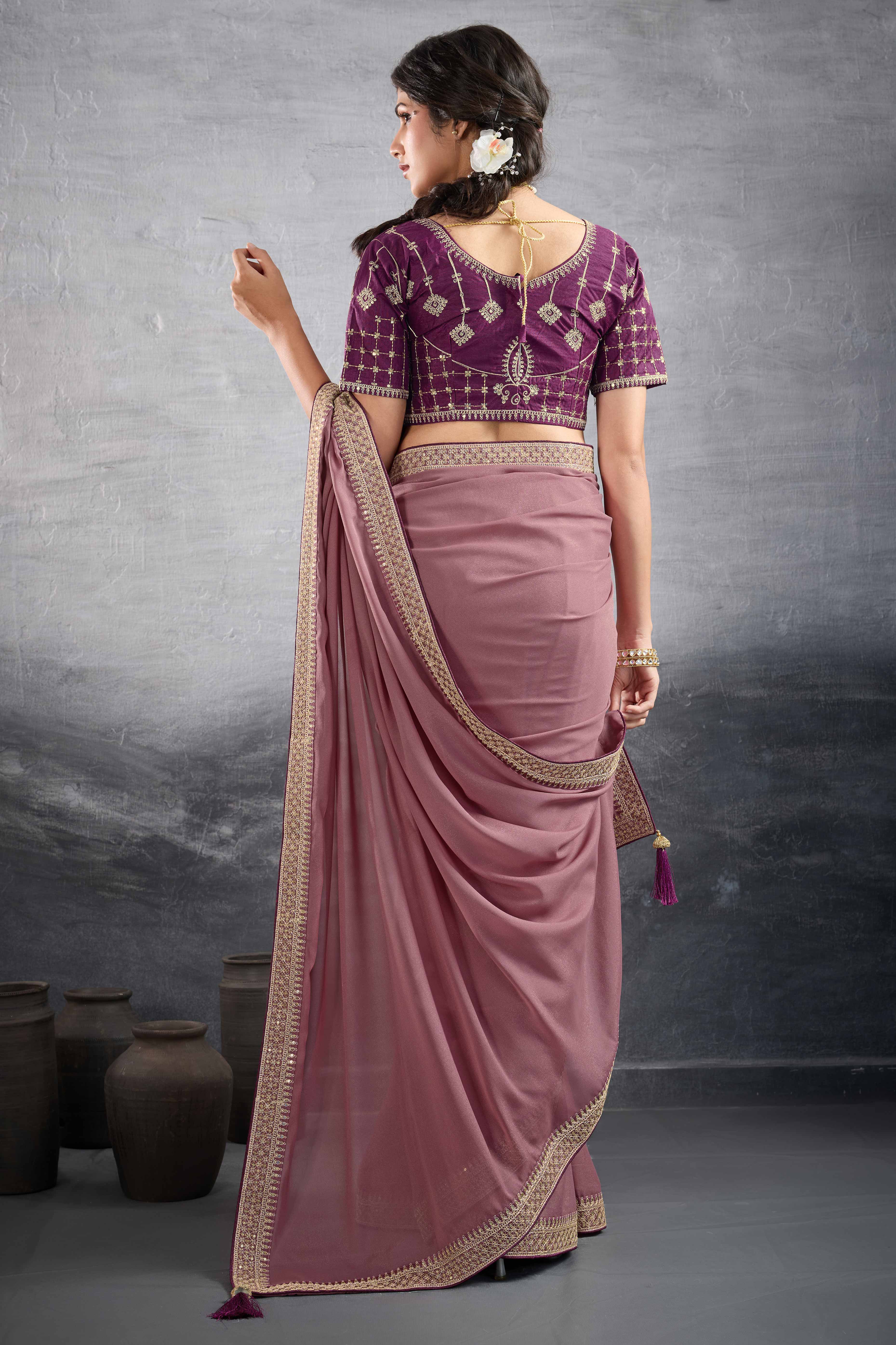 Onion Pink Solid Saree In Georgette With Zari & Sequins Embroidery Border
