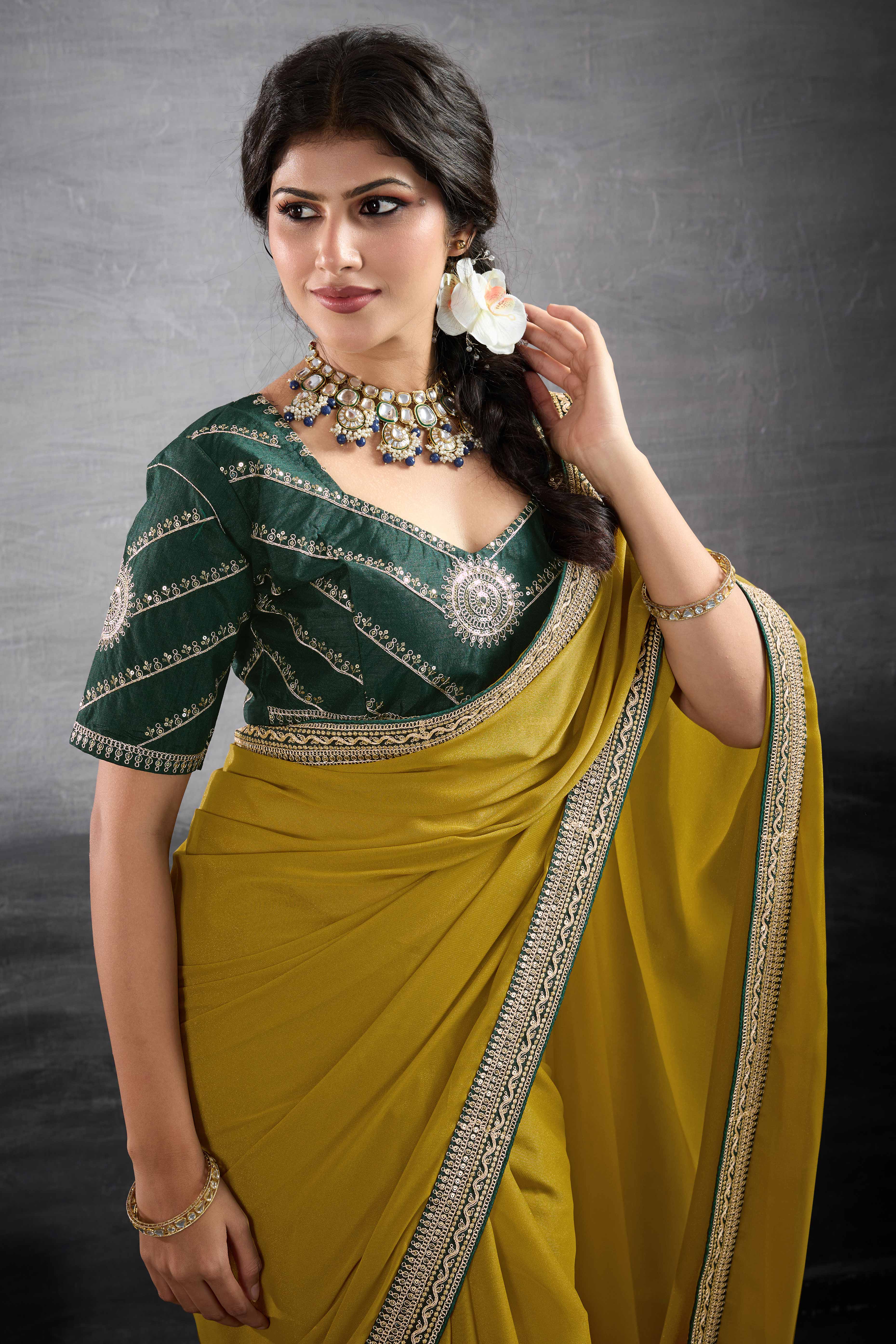 Mustard Solid Saree In Georgette With Zari & Sequins Embroidery Border