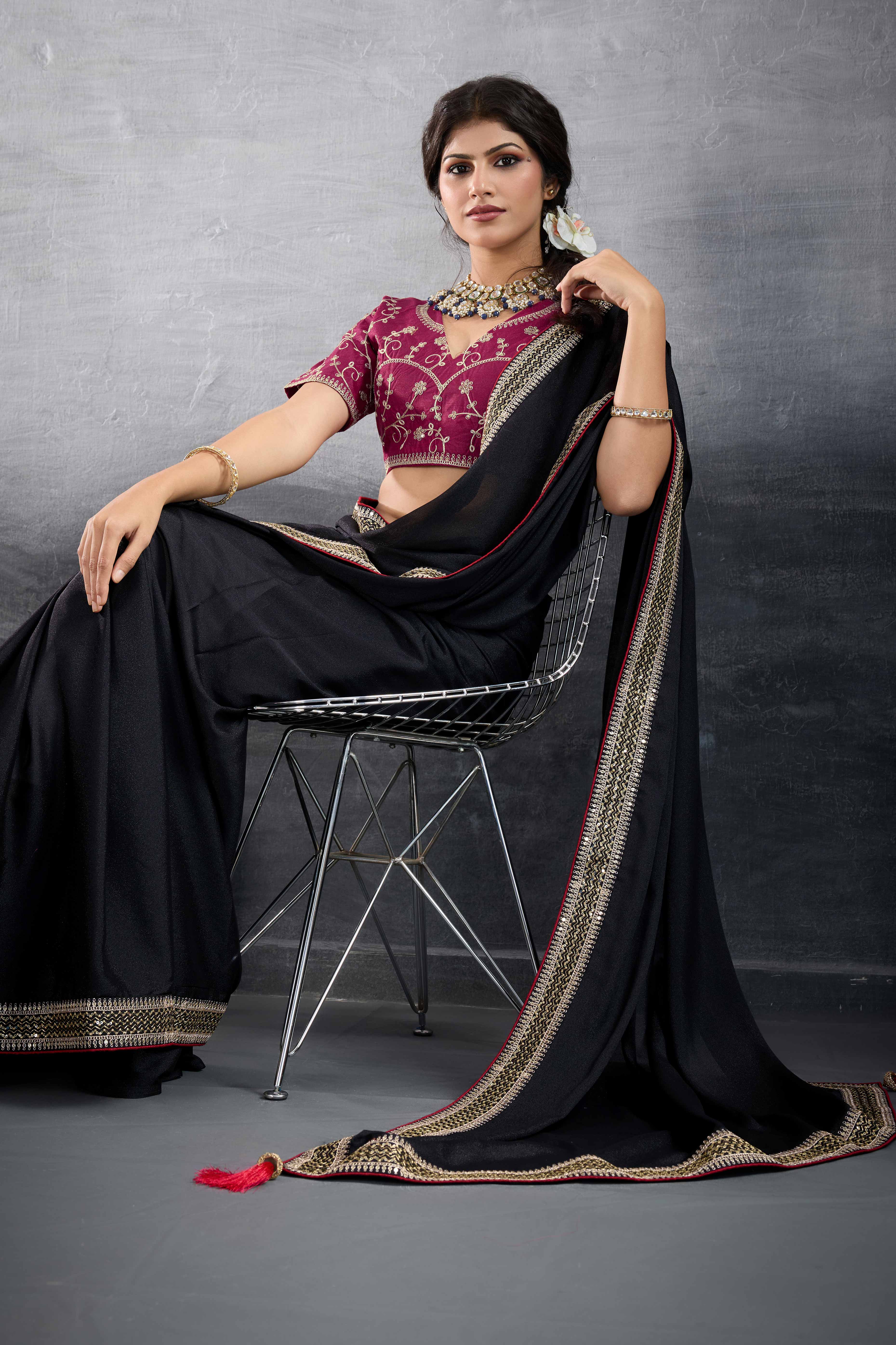 Black Solid Saree In Georgette With Zari & Sequins Embroidery Border