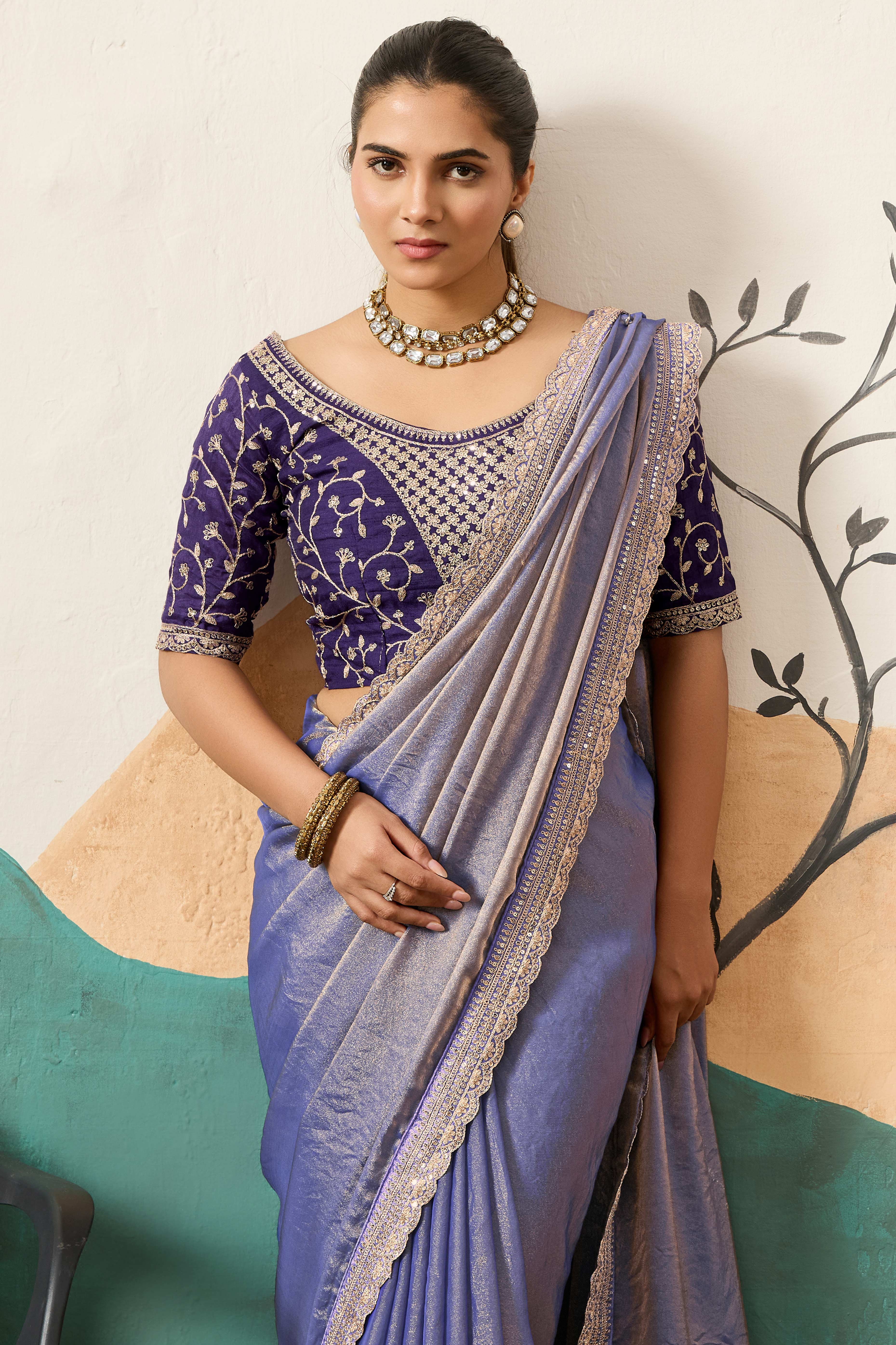 Sophisticated Lavender Solid Moss Orgnaza Saree With Intricate Cording Sequins Embroidery Border