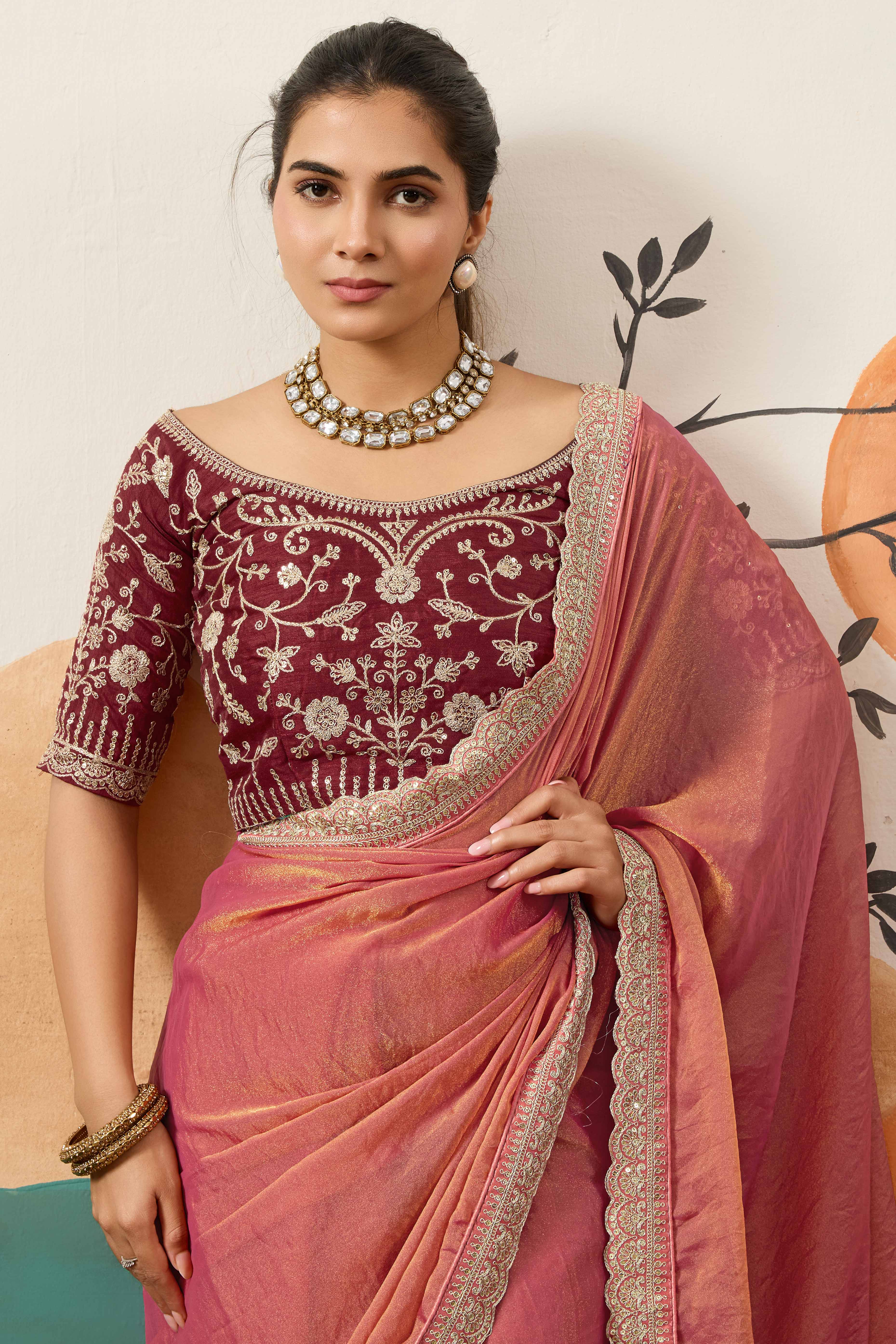 Sophisticated Gajari Pink Solid Moss Orgnaza Saree With Intricate Cording Sequins Embroidery Border
