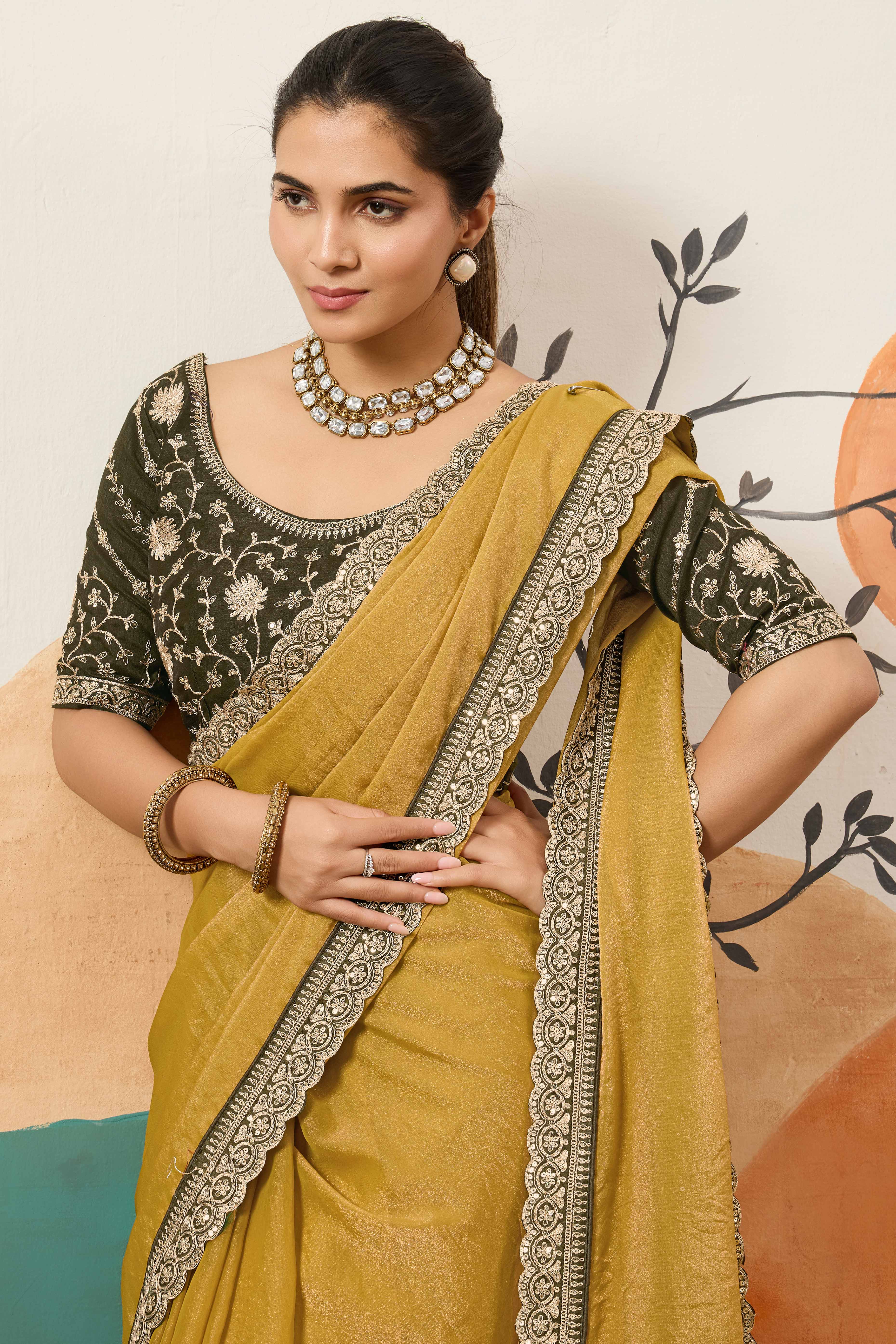 Sophisticated Dark Mustard Solid Moss Orgnaza Saree With Intricate Cording Sequin Embroidery Border