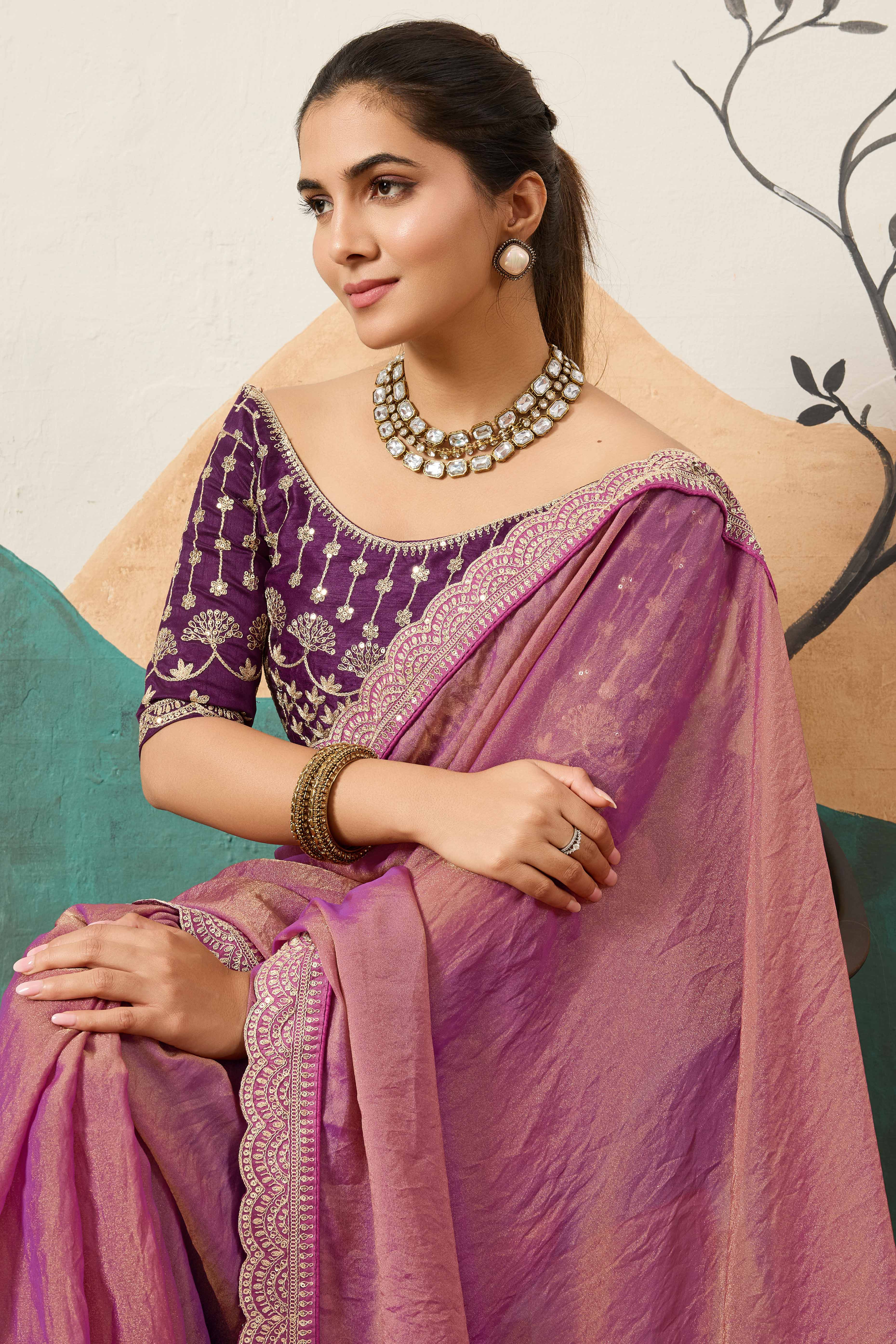 Sophisticated Purple Solid Moss Orgnaza Saree With Intricate Cording Sequins Embroidery Border