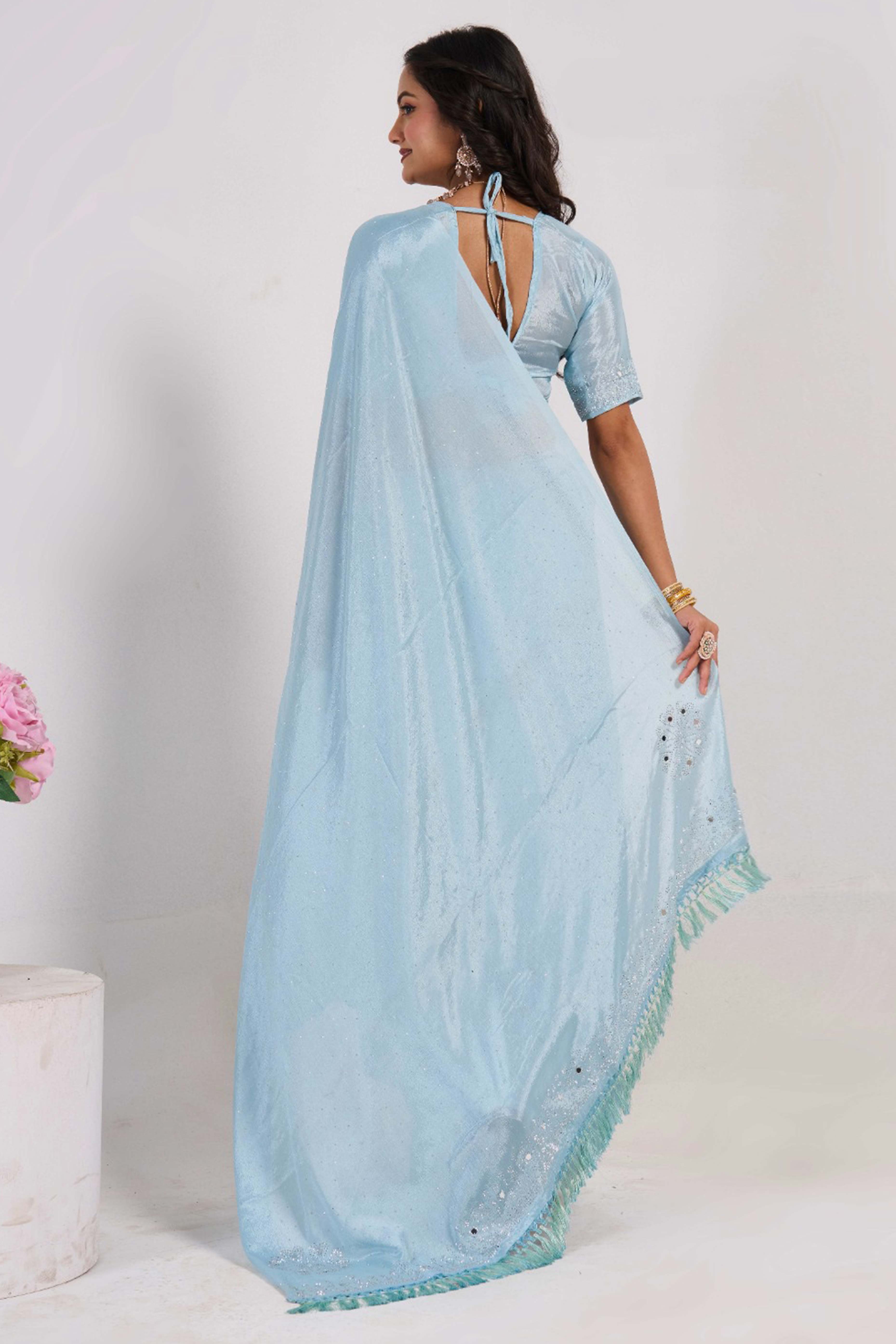 Blue Swarovski With Mirror Work Chinon Saree