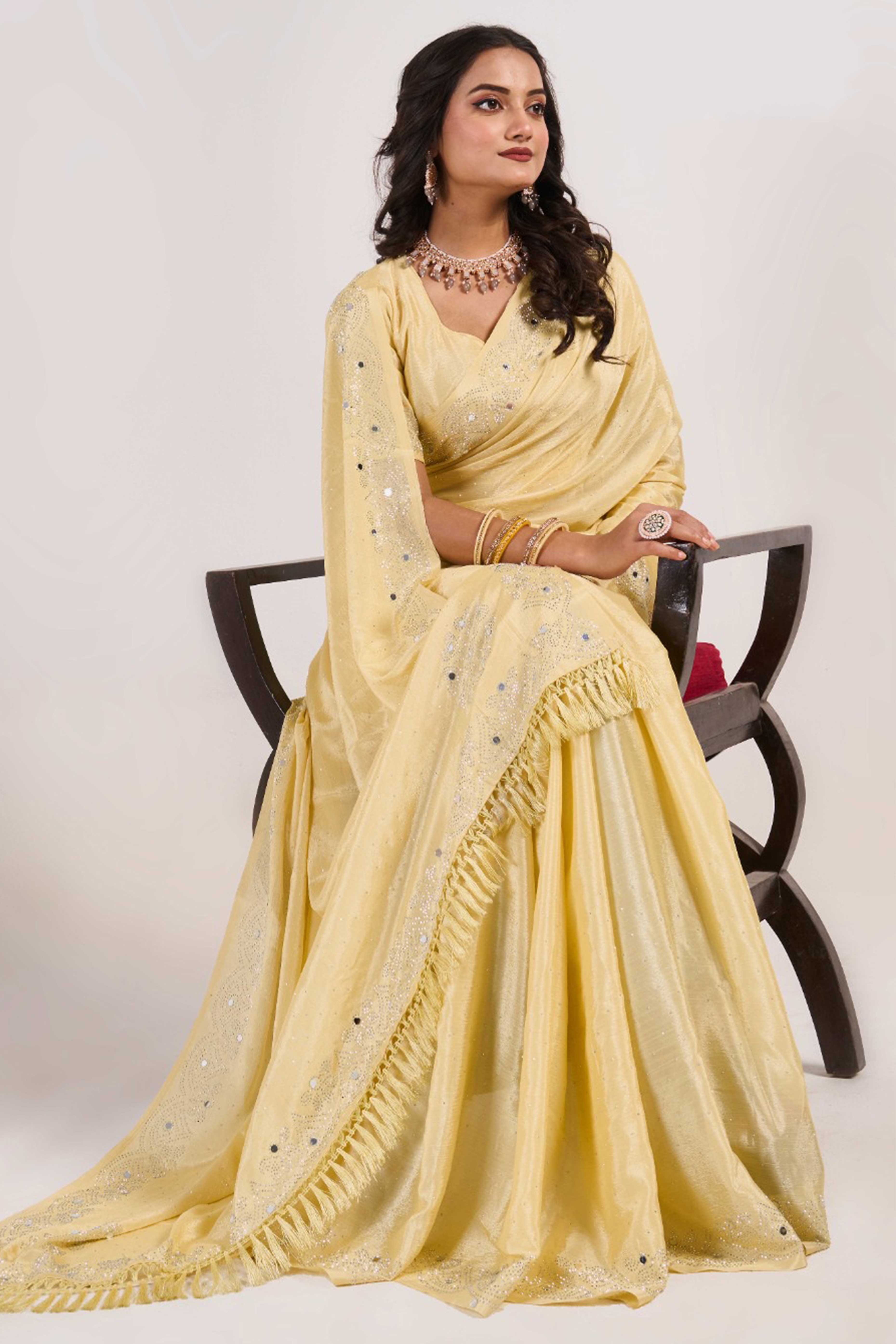 Light Yellow Swarovski With Mirror Work Chinon Saree
