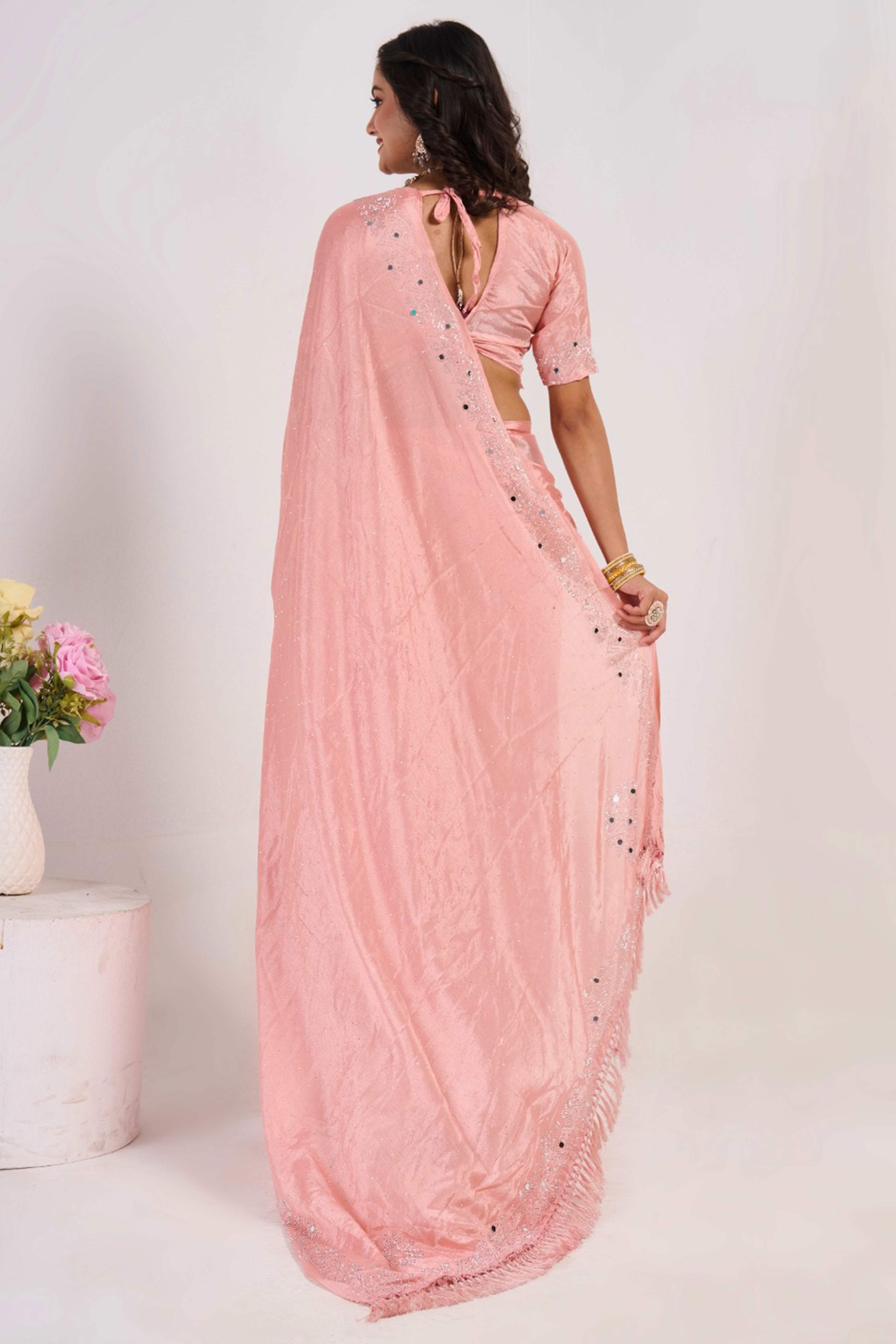 Peach Swarovski With Mirror Work Chinon Saree