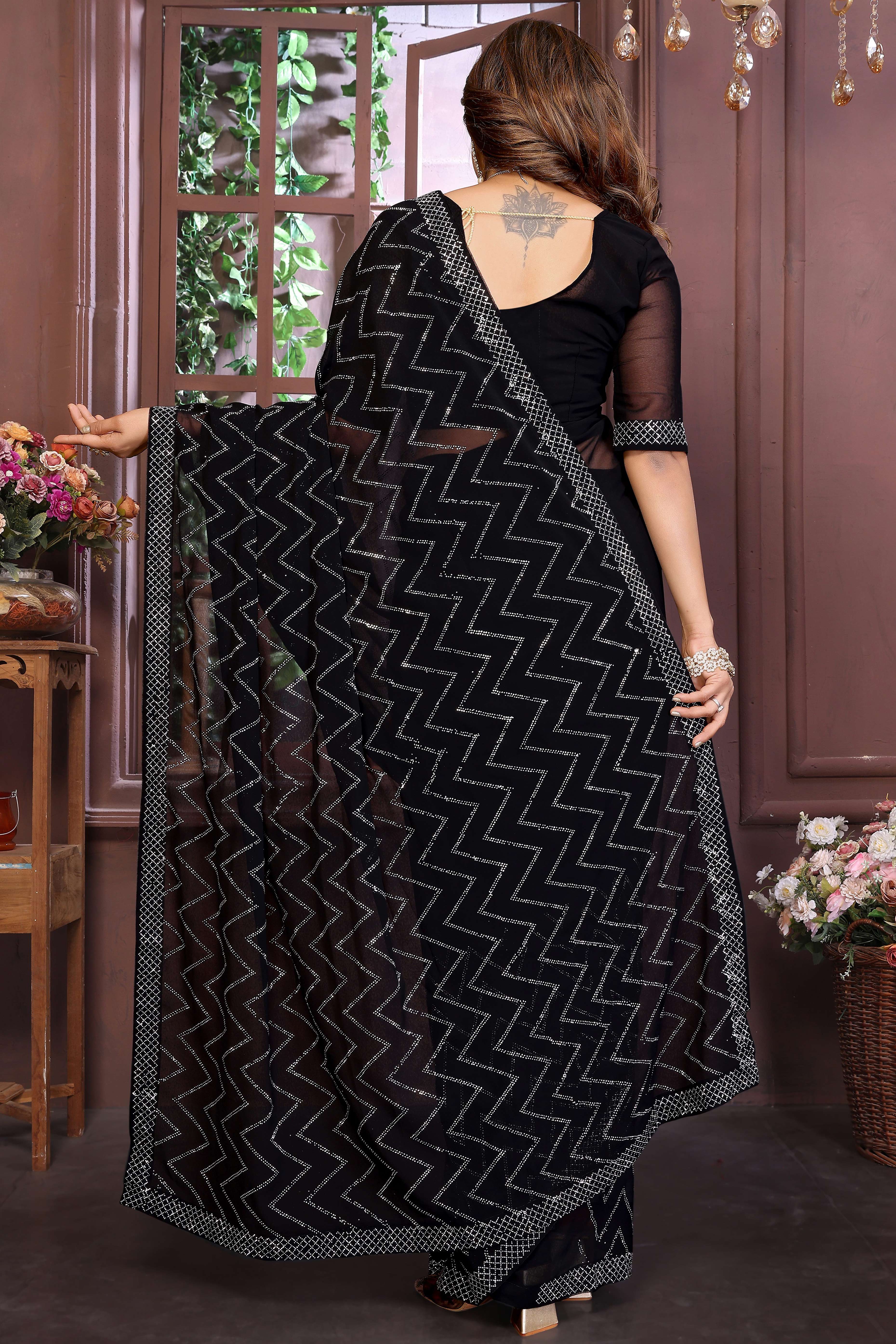 Glamorous Black Zig Zag Design Swarovski Crystal Work Georgette Saree