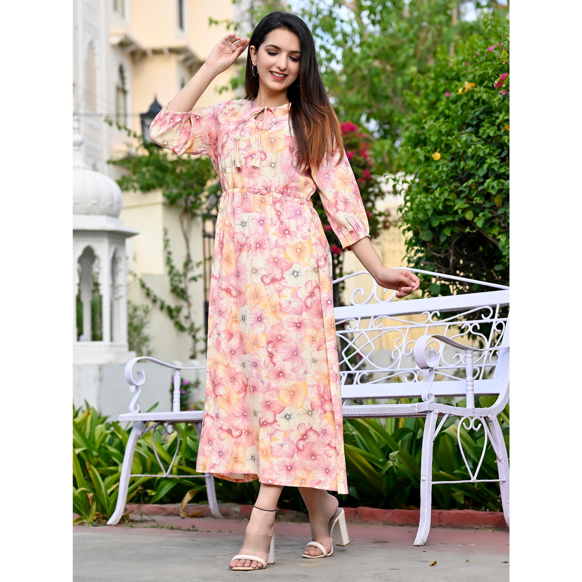 Pink Floral Printed Rayon Dress