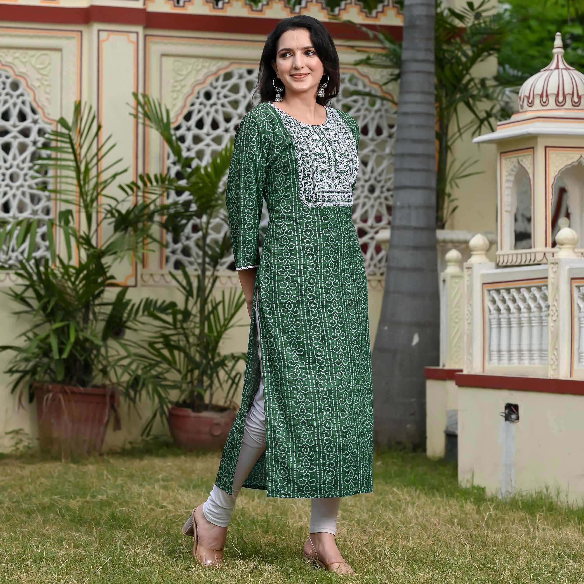 Green Foil Bandhani Printed With Embroidered Rayon Kurti