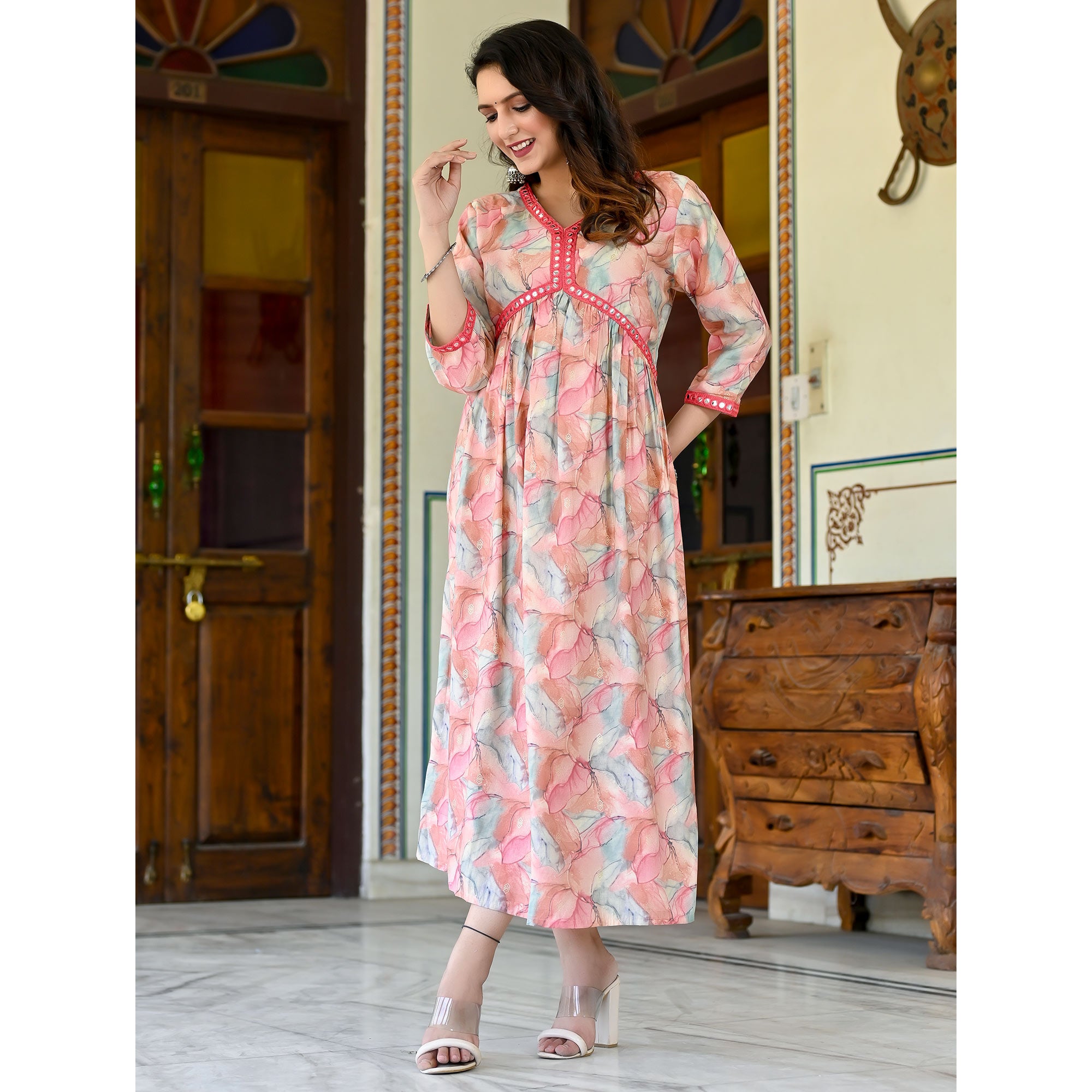 Pink Printed Chanderi Alia Cut Kurti
