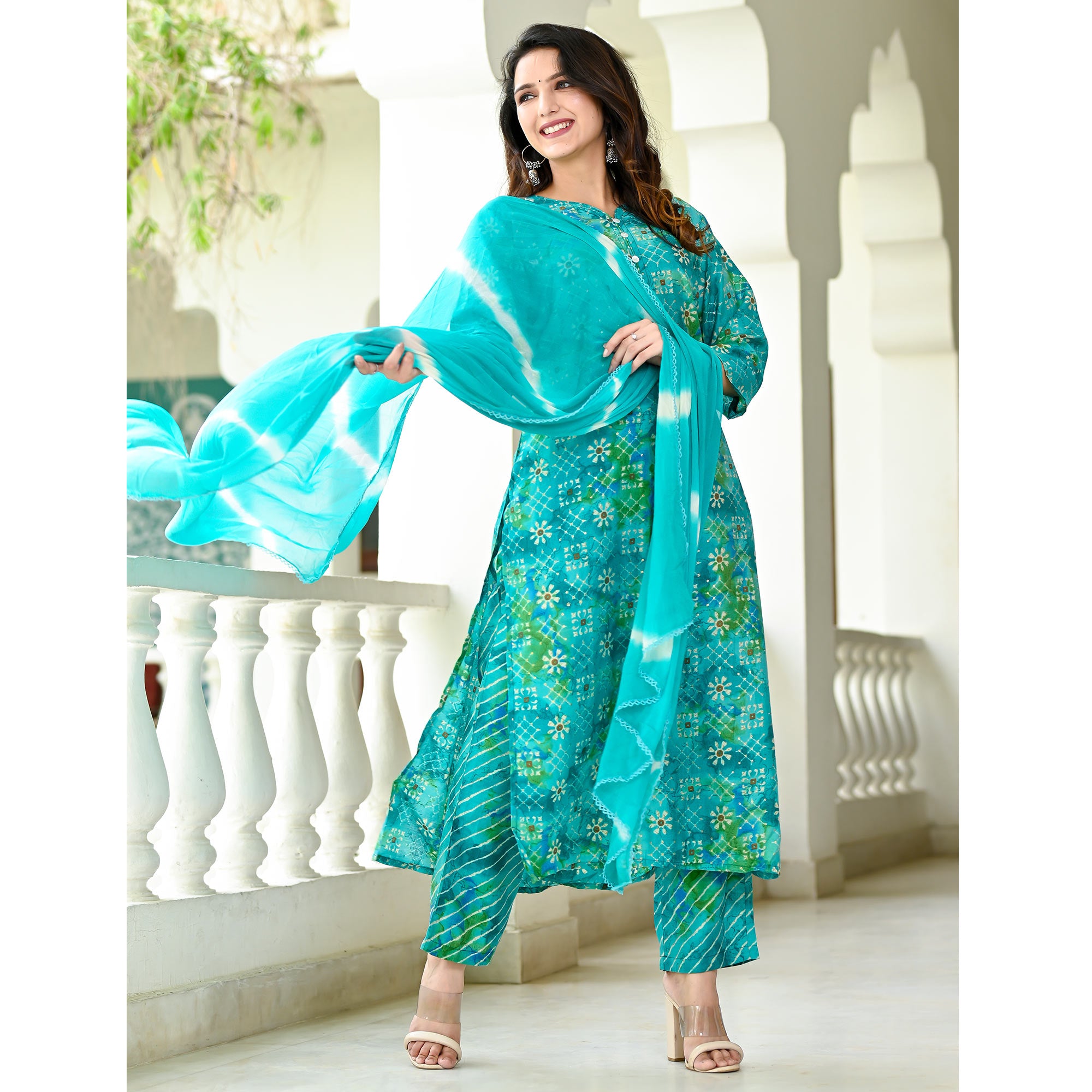 Turquoise Floral Printed Chanderi Suit