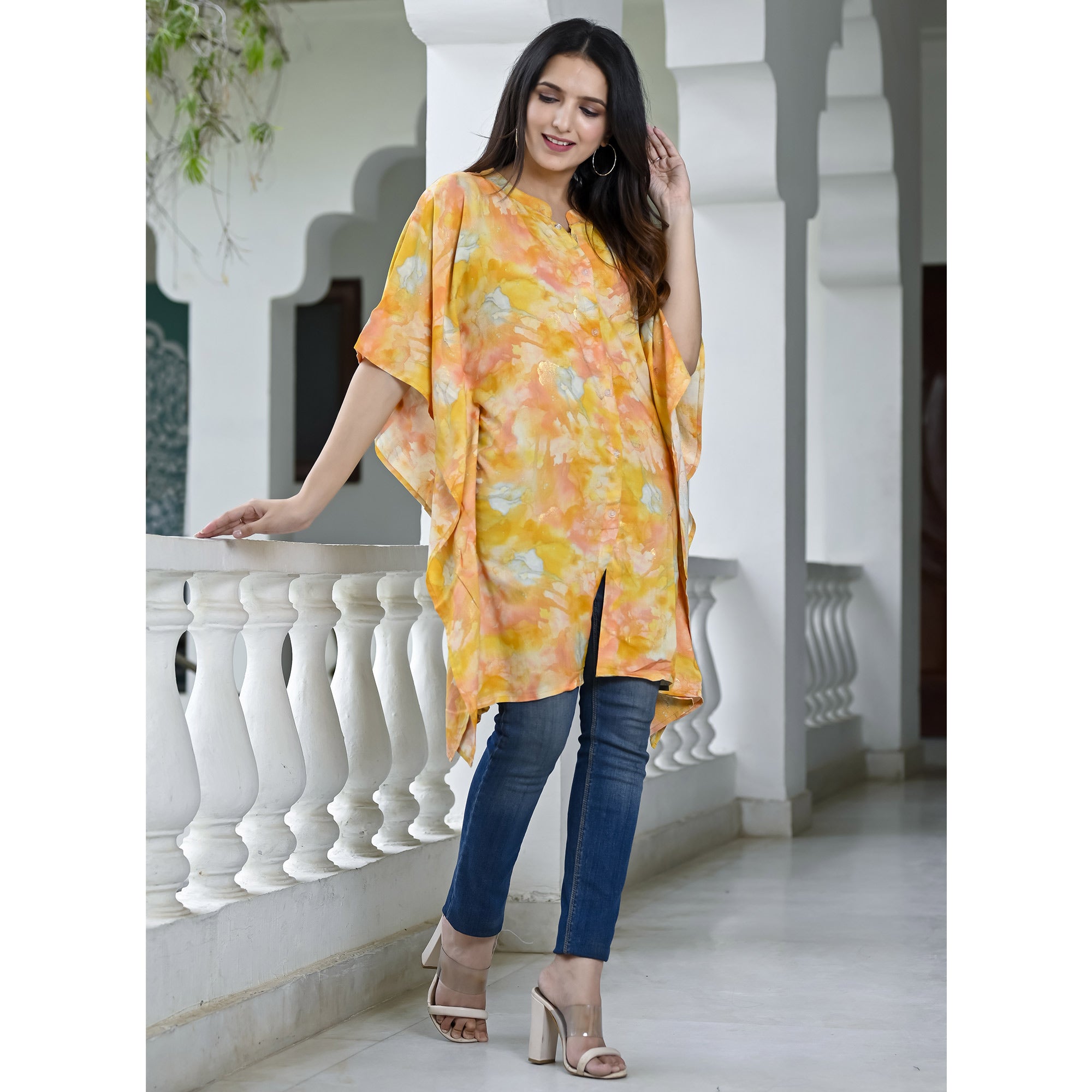 Yellow Foil Printed Rayon Kaftan