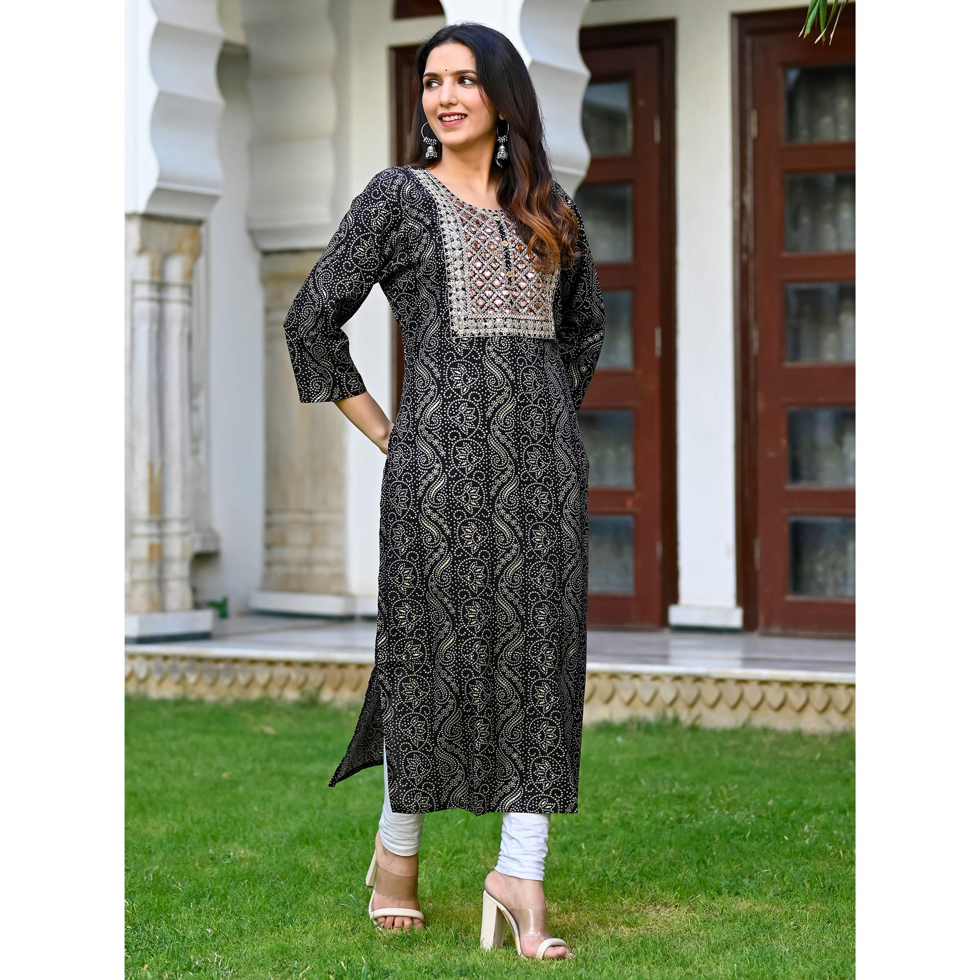 Black Floral Foil Printed Rayon Kurti