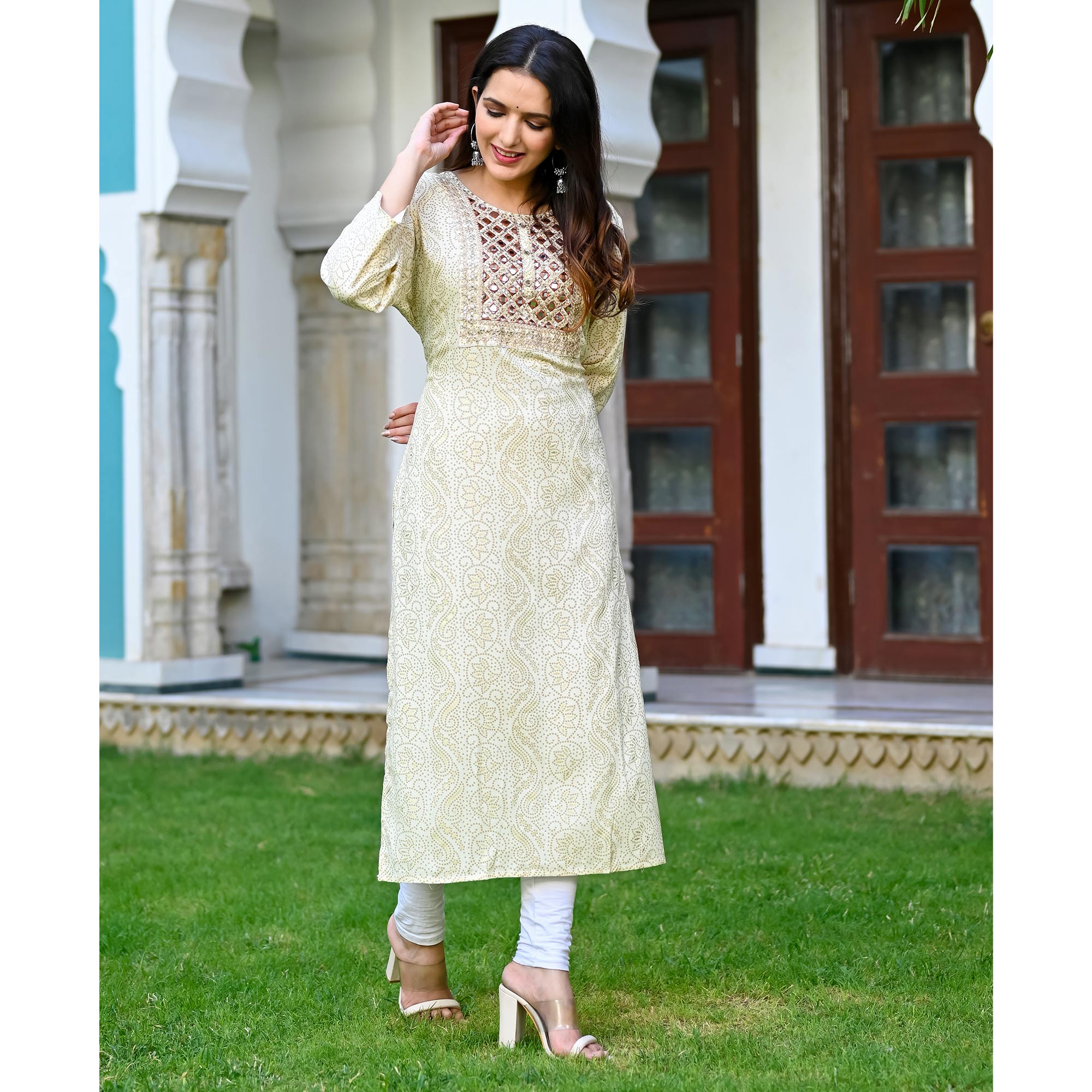 Offwhite Floral Foil Printed Rayon Kurti