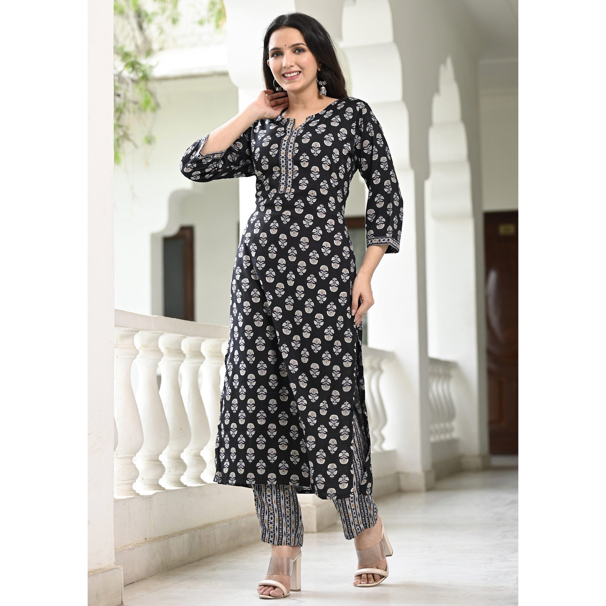 Black Floral Printed Rayon Kurti Pant Set