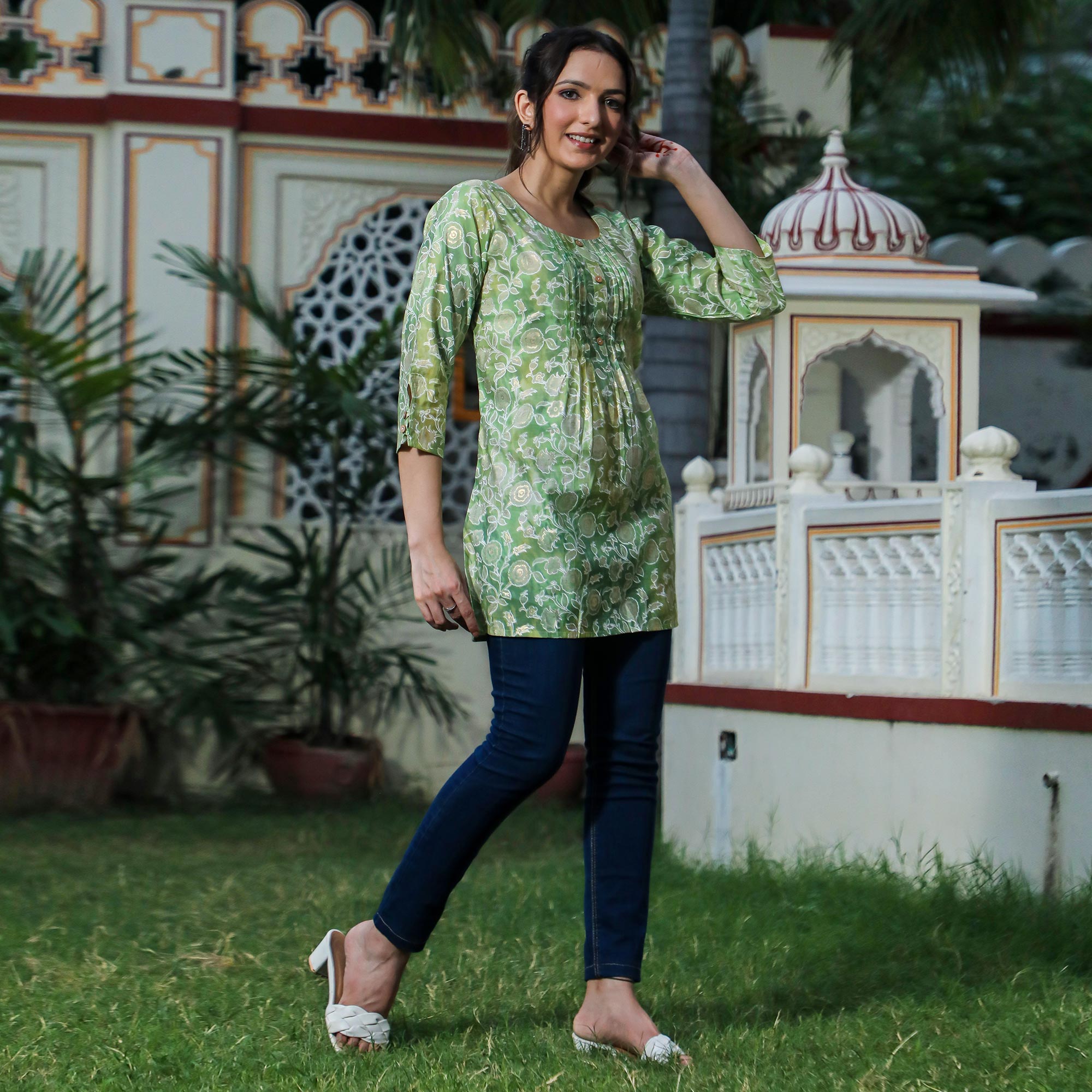 Green Floral Foil Printed Modal Top
