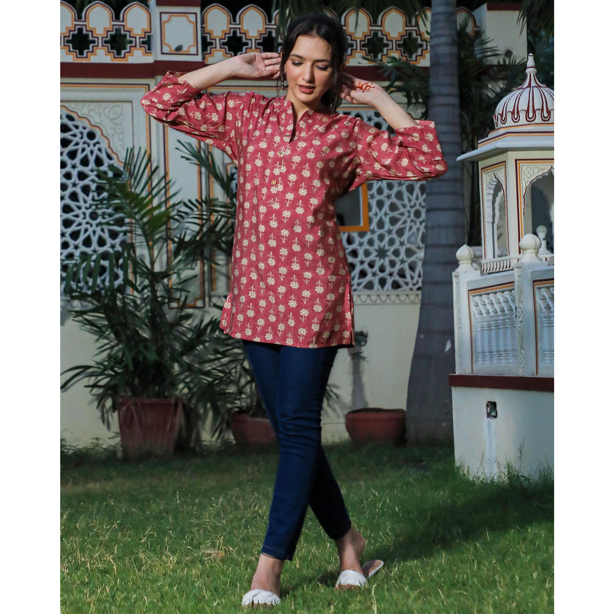 Pink Floral Foil Printed Chanderi Top