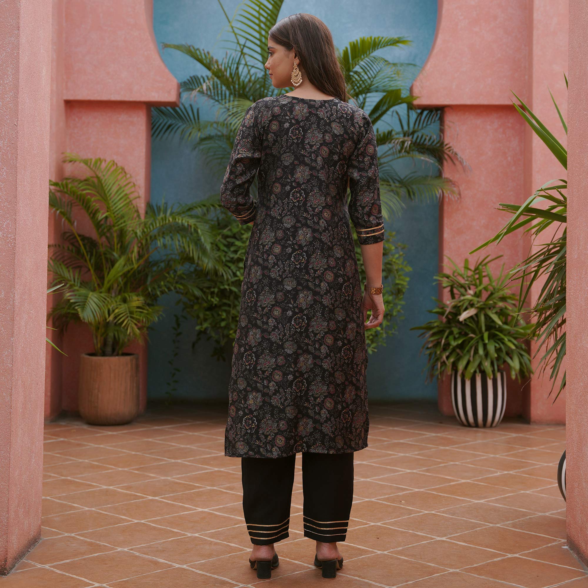 Black Straight Chanderi Silk Suit With Handcrafted & Foil Print