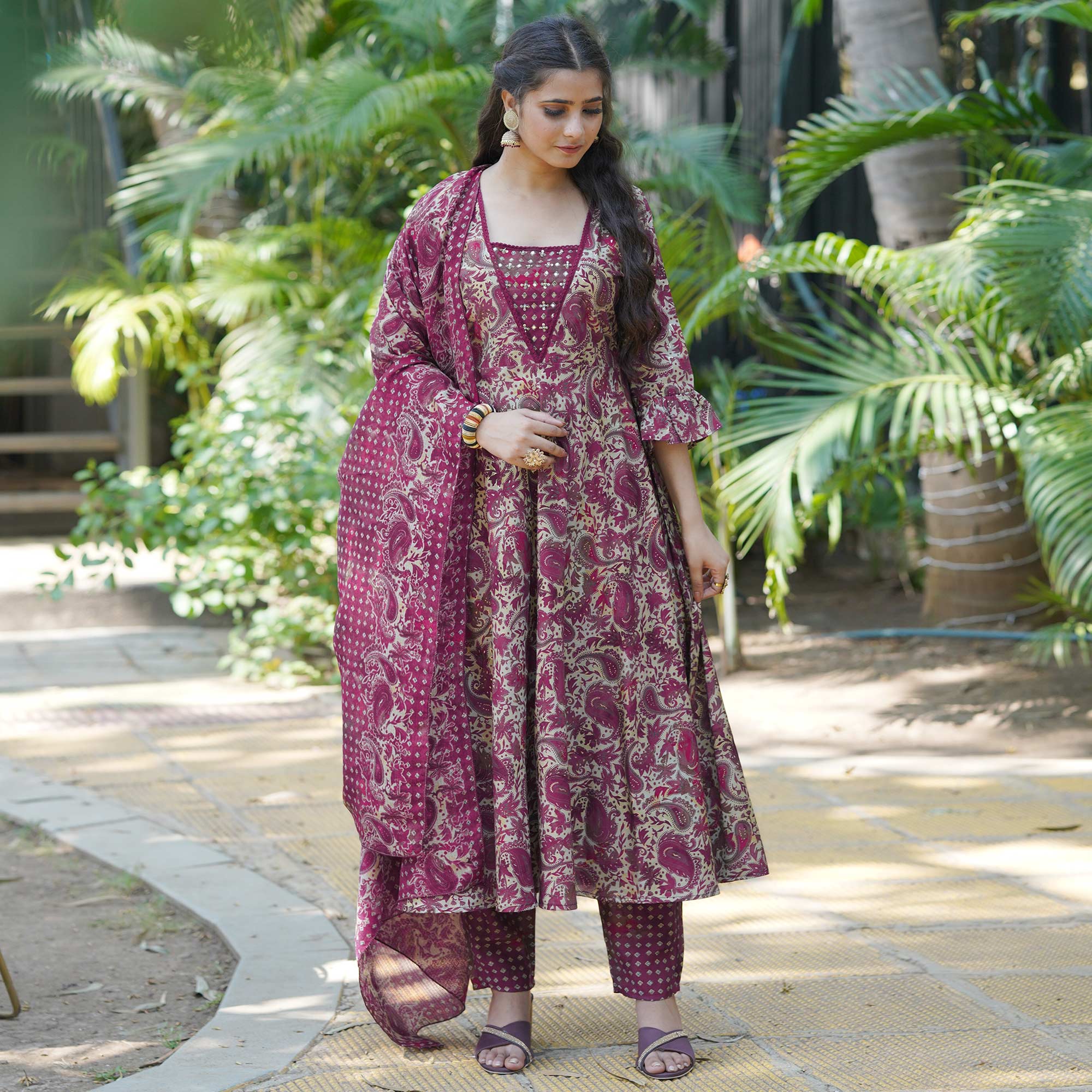 Wine Anarkali Chanderi Silk Suit With Hancrafted & Foil Print
