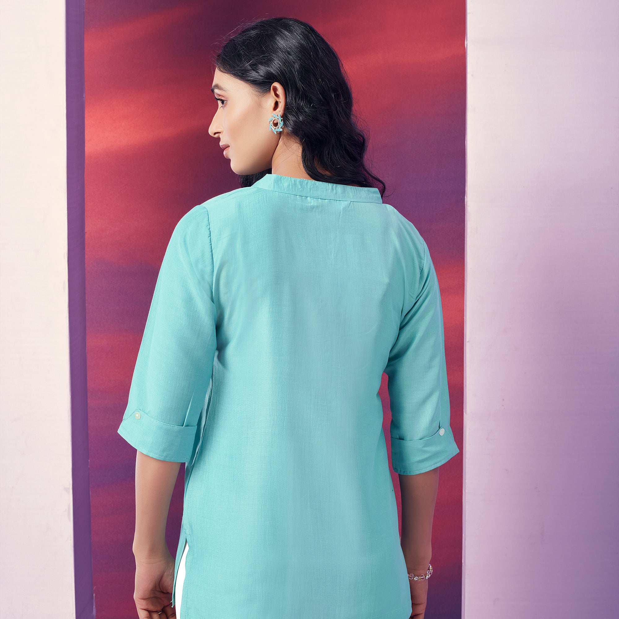 Blue Solid Cotton Blend Top