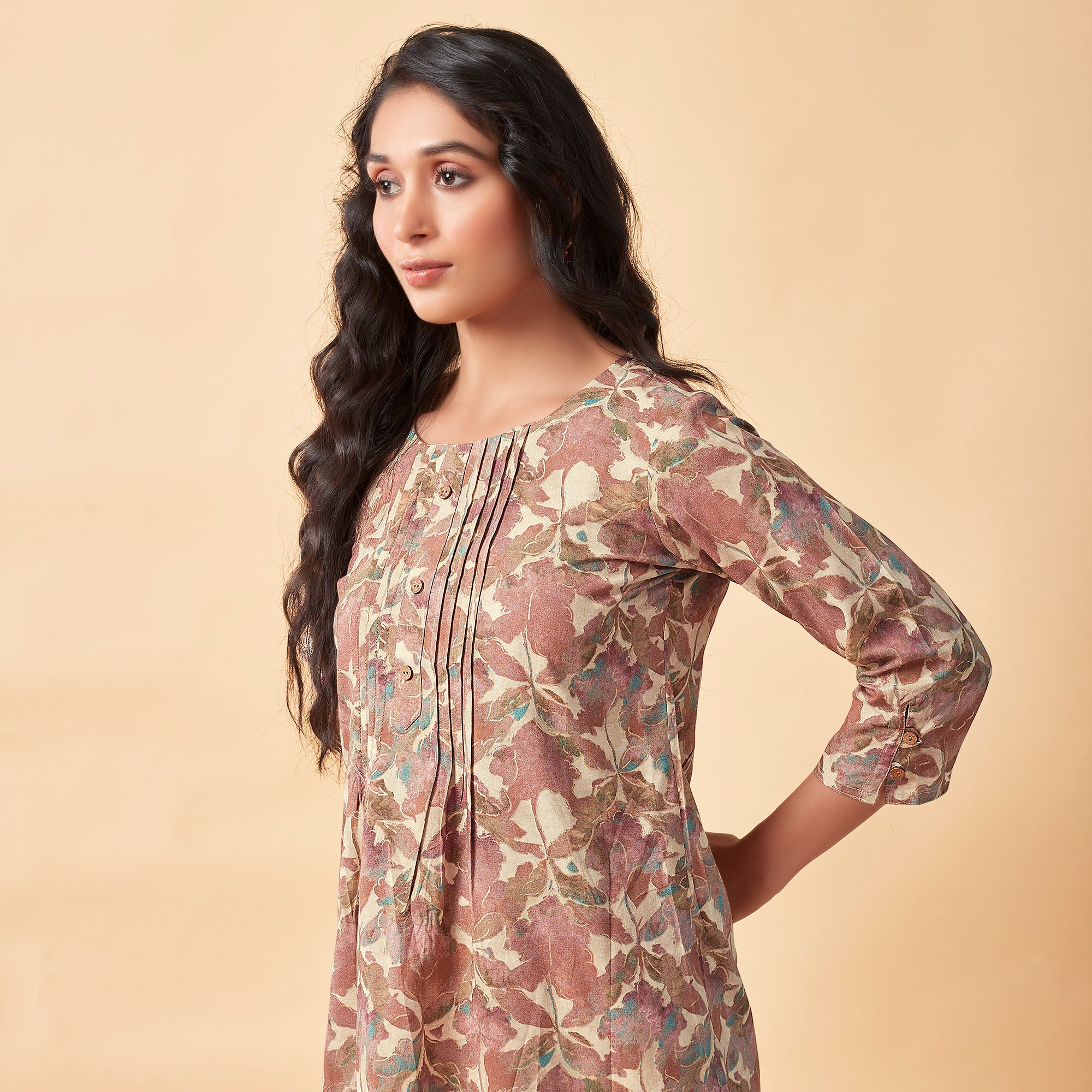 Brown Floral Foil Printed Rayon Top