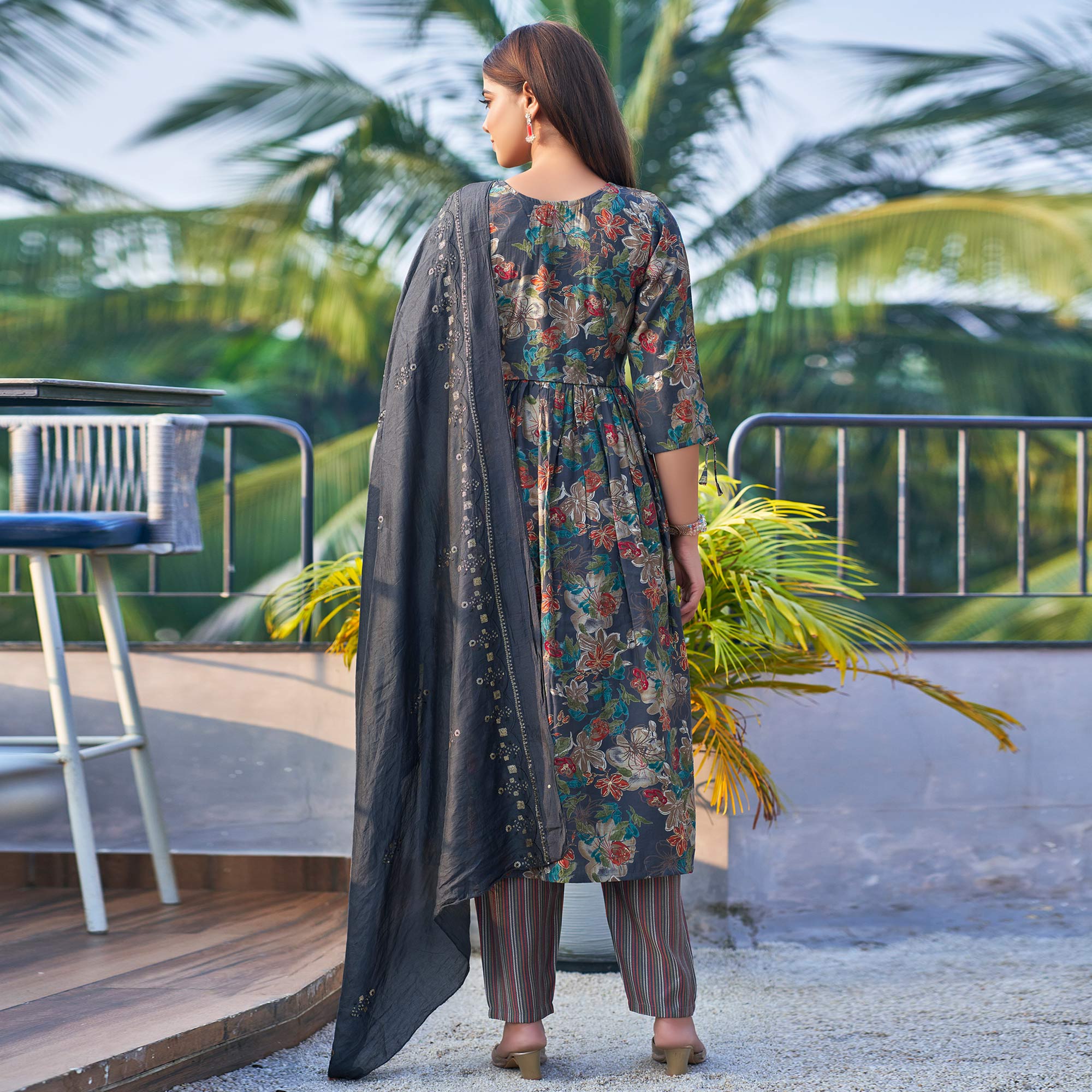 Blue Chanderi Silk Alia Cut Suit with Zardosi Handcraft & Foil Print