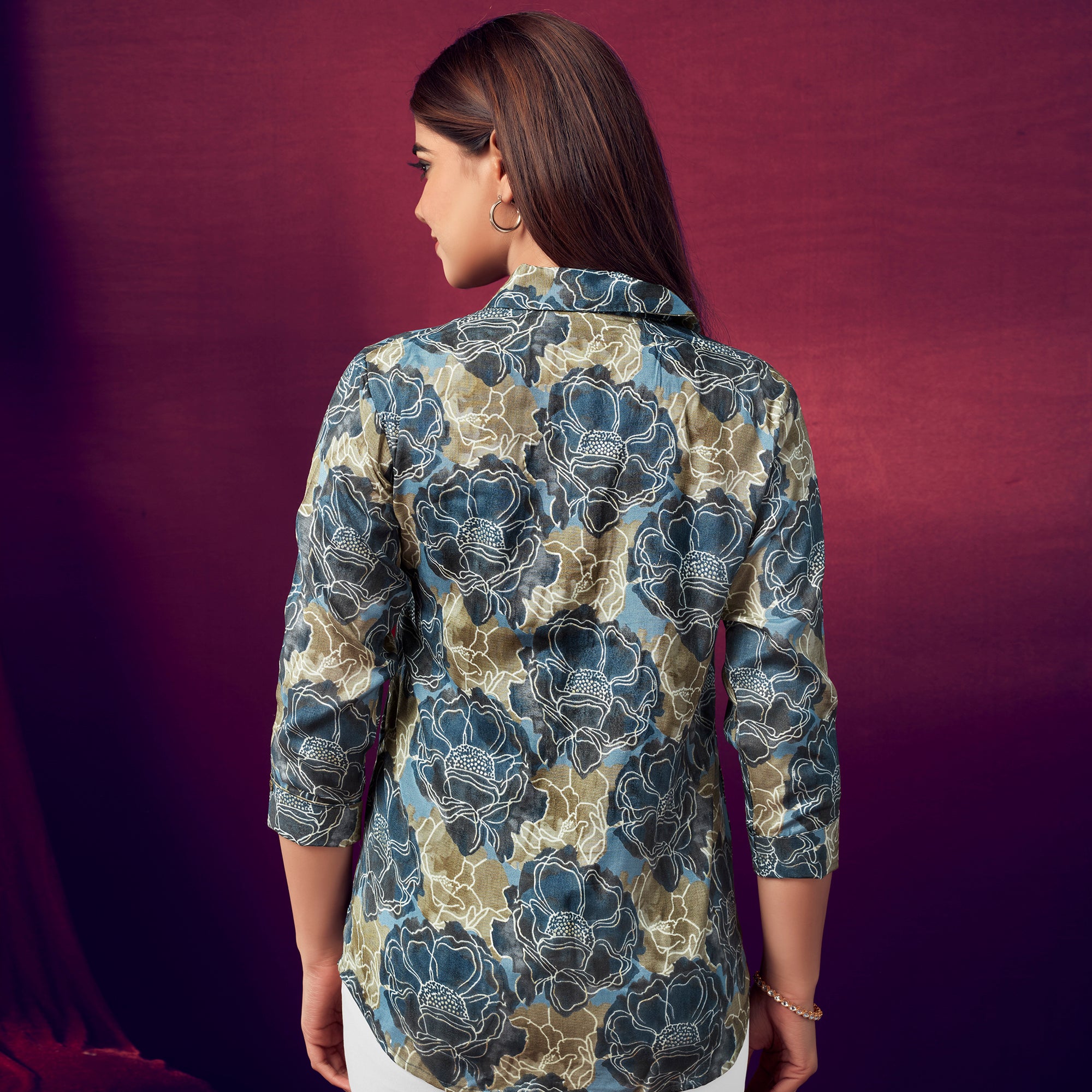 Grey Foil Printed Straight Muslin Top