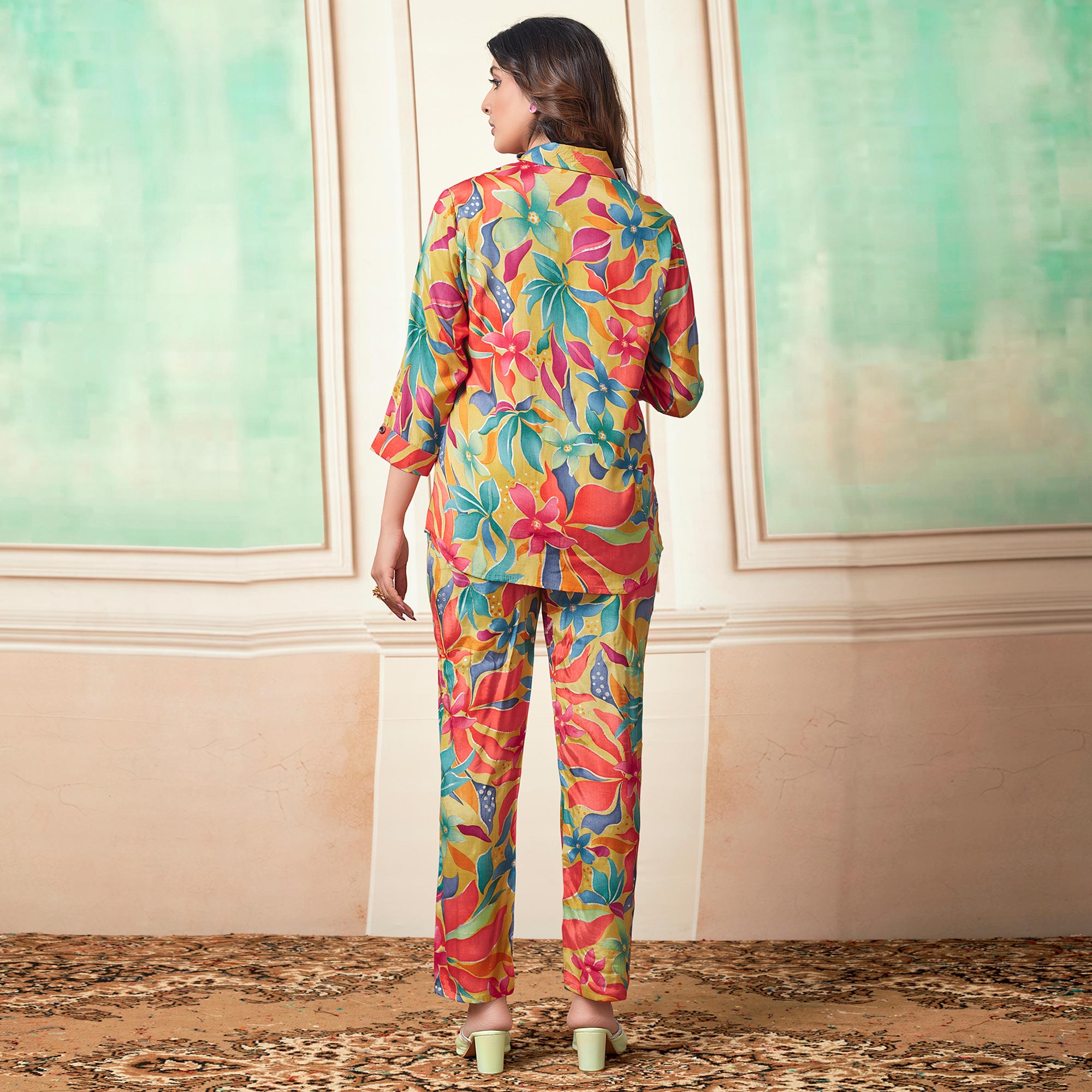 Multicolor Floral Foil Printed Muslin Co Ord Set