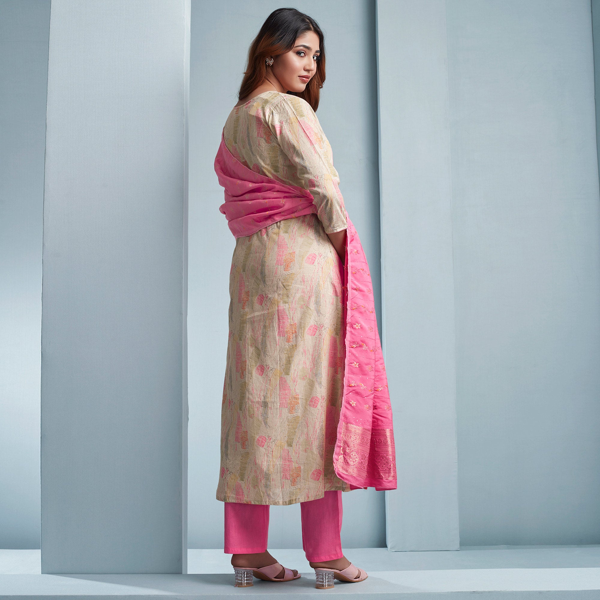 Off White Foil Printed Pure Cotton A-line Salwar Suit